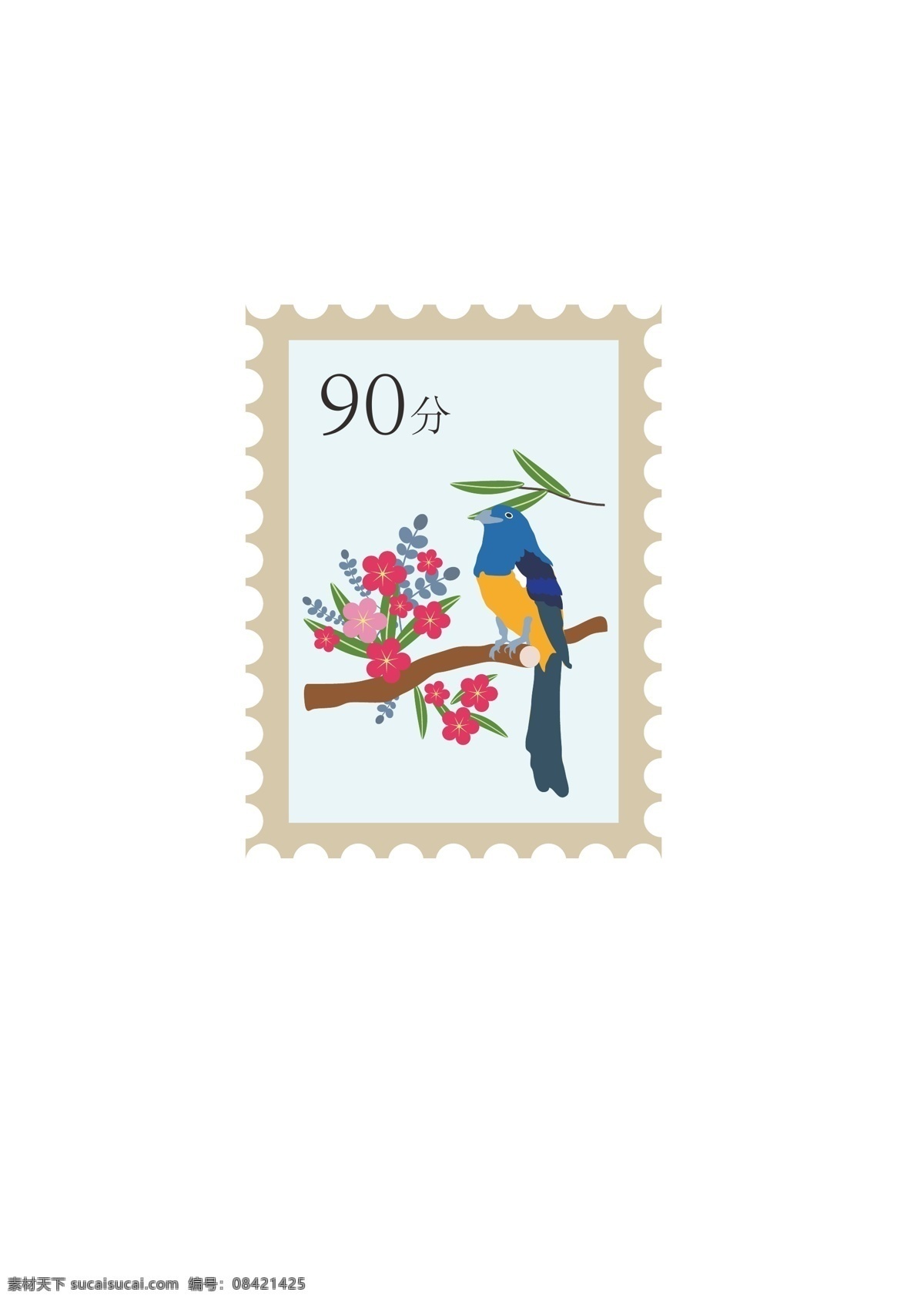 邮票绘制 邮票 插画 风格 绘制 小鸟 花朵 图标设计