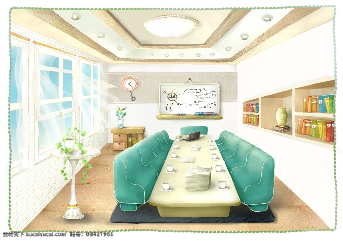 分层 杯子 插画 场景 窗帘 窗子 吊顶 风景 卡通 会议室 模板下载 卡通会议室 桌子 椅子 沙发 清新 书 书架 黑板 长桌 钟 柔美 源文件 矢量图 日常生活