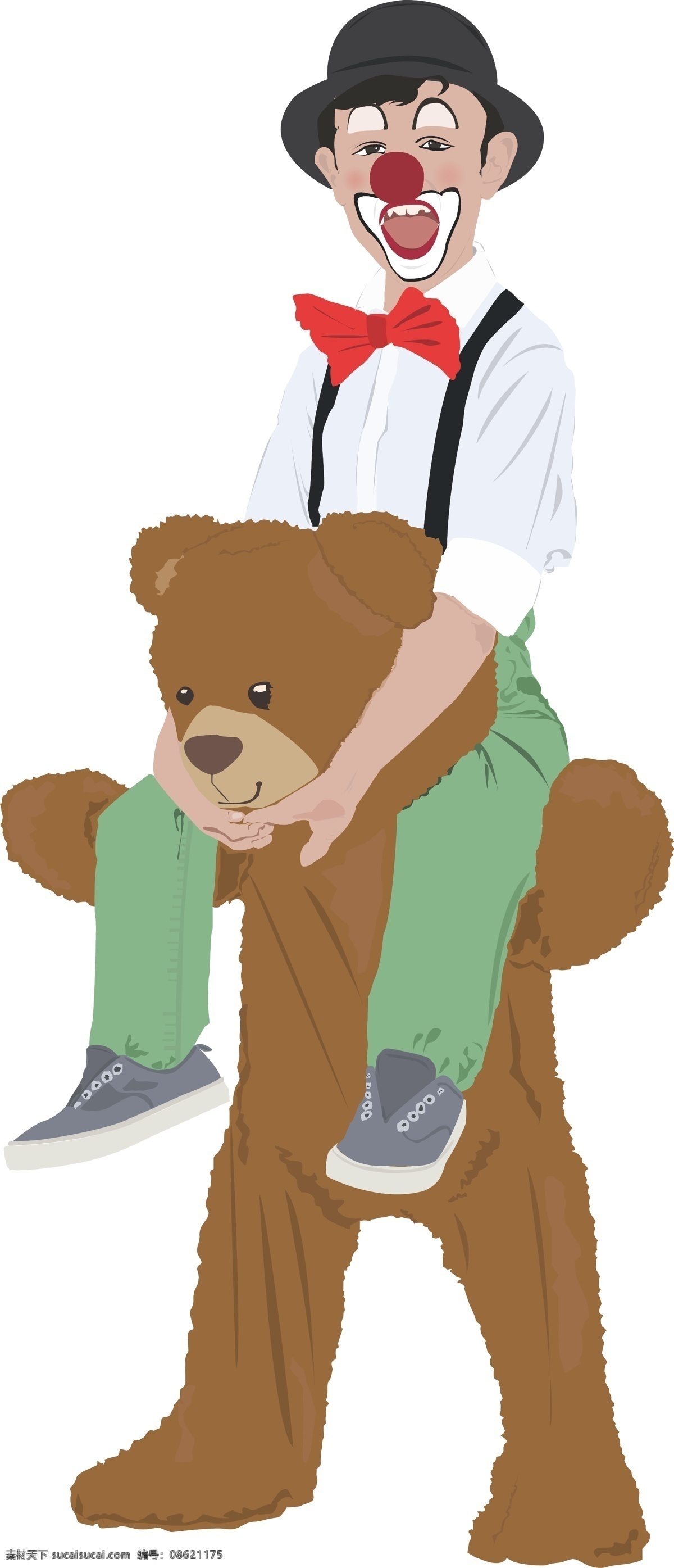 愚人节 手绘 风格 插画 小 男孩 骑 玩具 熊 上 小丑 卡通 开心的男孩子 游戏 玩具熊 儿童扮小丑 红色领结 广告插图