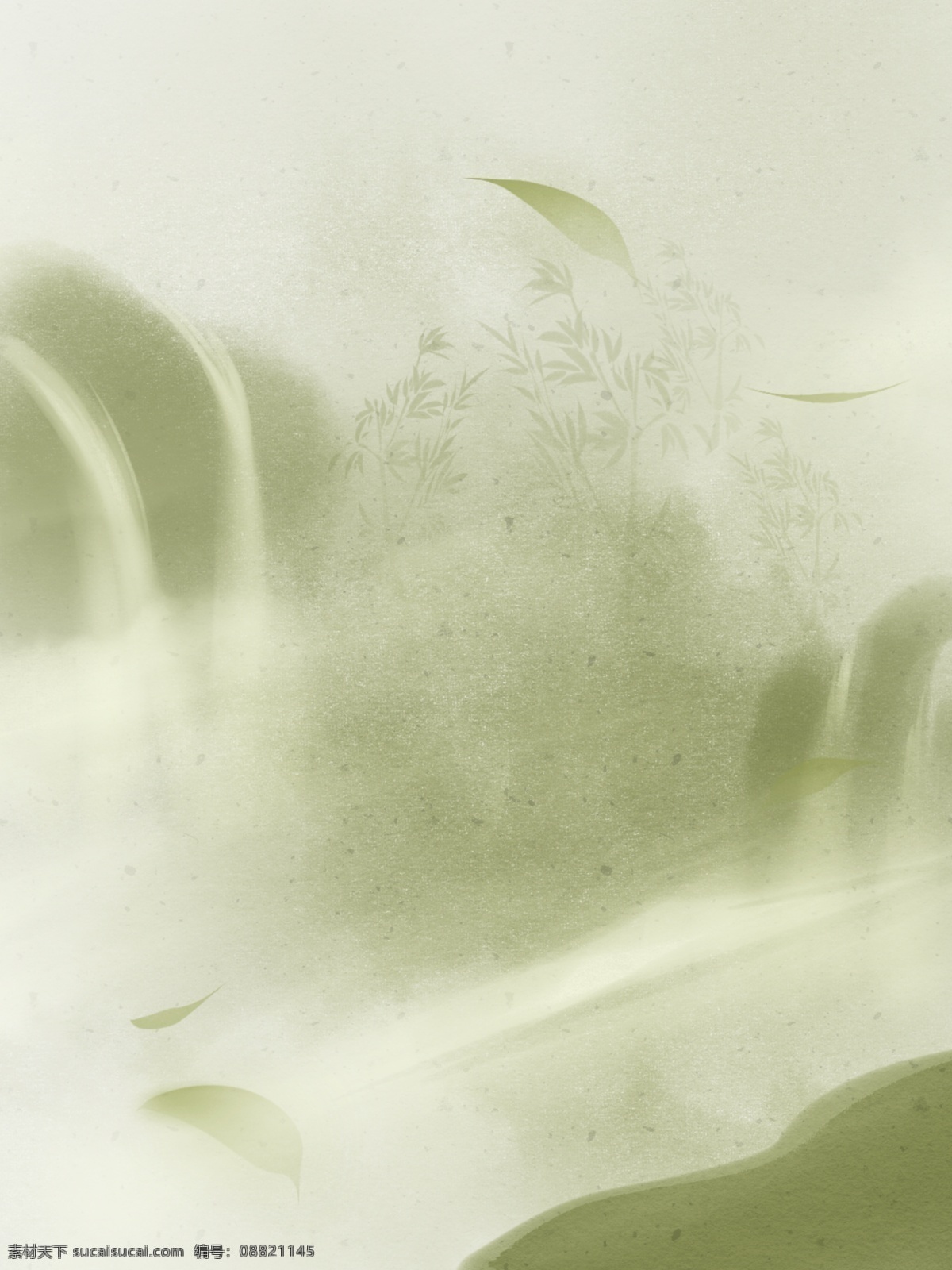 全 原创 手绘 知 否 主题 色 绿色 山水 竹叶 古风 背景 瀑布