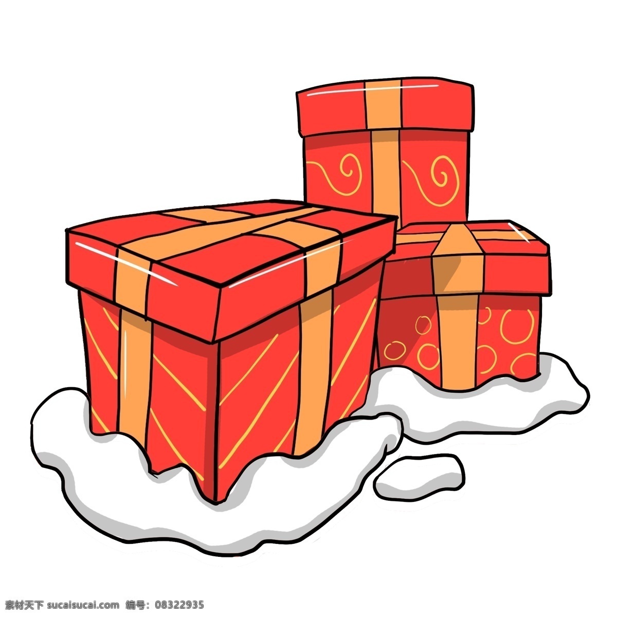 卡通 手绘 圣诞节 红色 礼盒 插画 方形 黄色丝带 条纹 纹理 贺礼 礼品 祝贺 心意 冬季 寒冬 下雪 卡通手绘