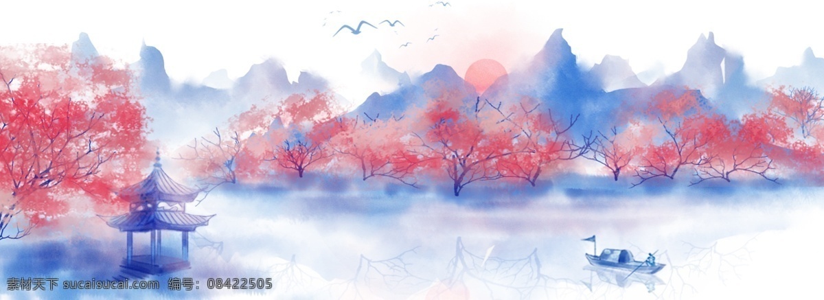 水墨 蓝山 水 樱花 岸 背景 水墨蓝 水墨山水 樱花岸 中国风 水墨樱花 复古 小船 樱花节