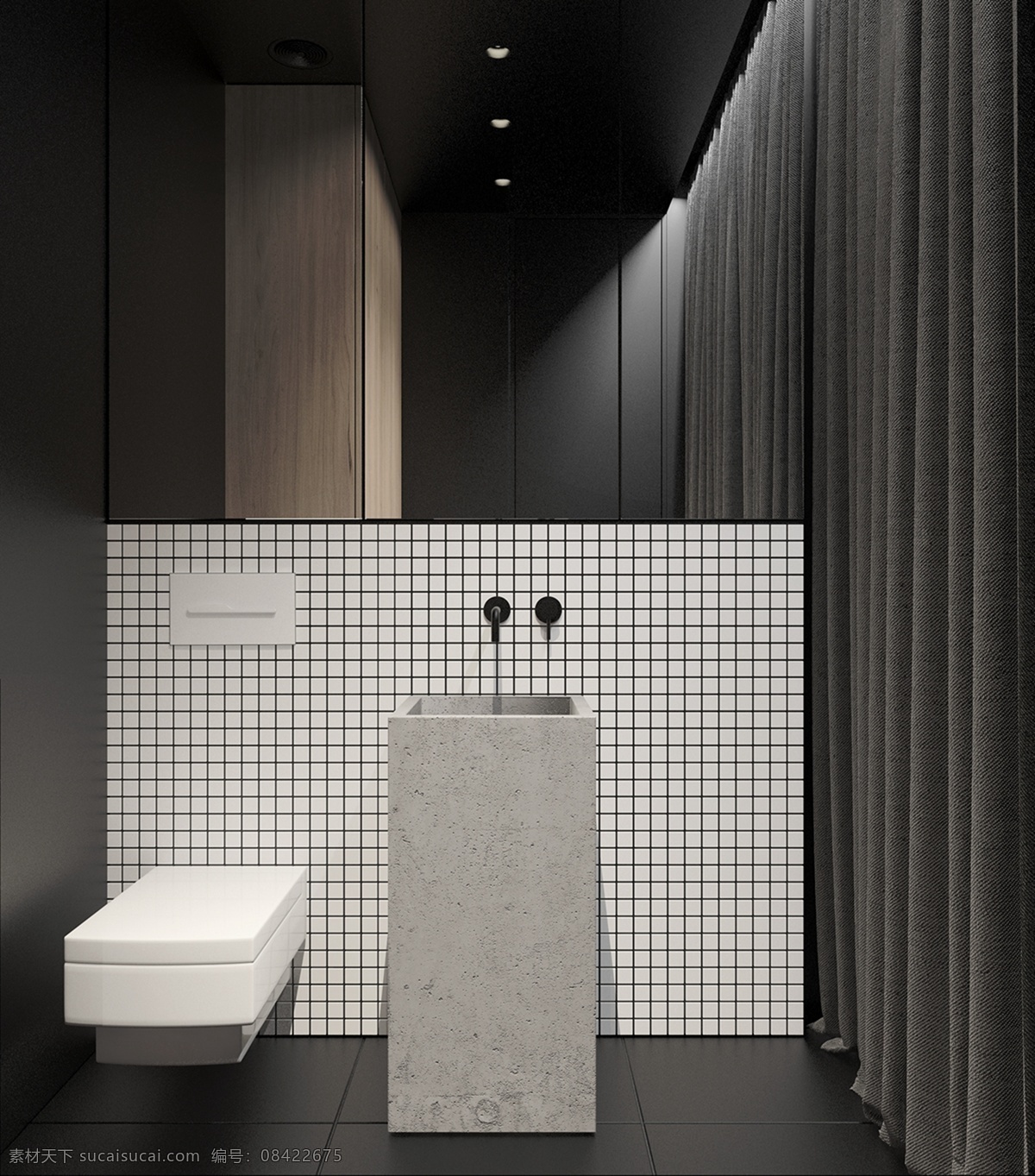 现代 简约 卫生间 黑色 亮 地板 室内装修 效果图 瓷砖洗手台 格子背景墙 黑色地板 卫生间装修