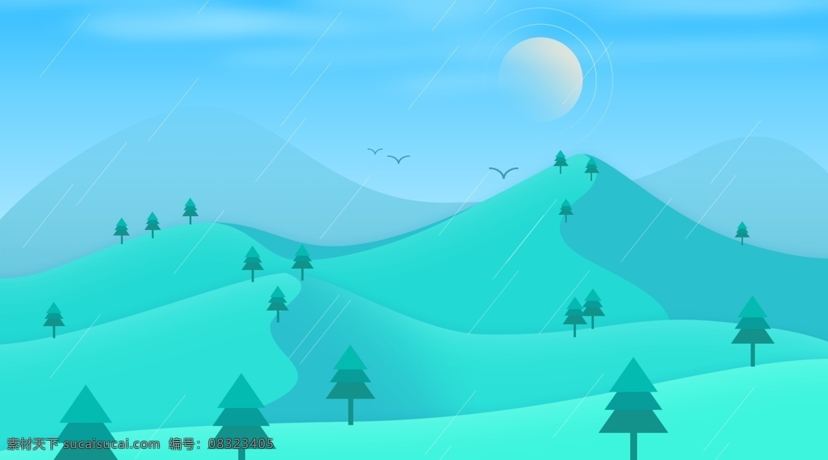 春天 你好 唯美 清新 风景 插画 背景 蓝天白云 春天背景 温馨背景 唯美背景 山峰背景 绿草地背景