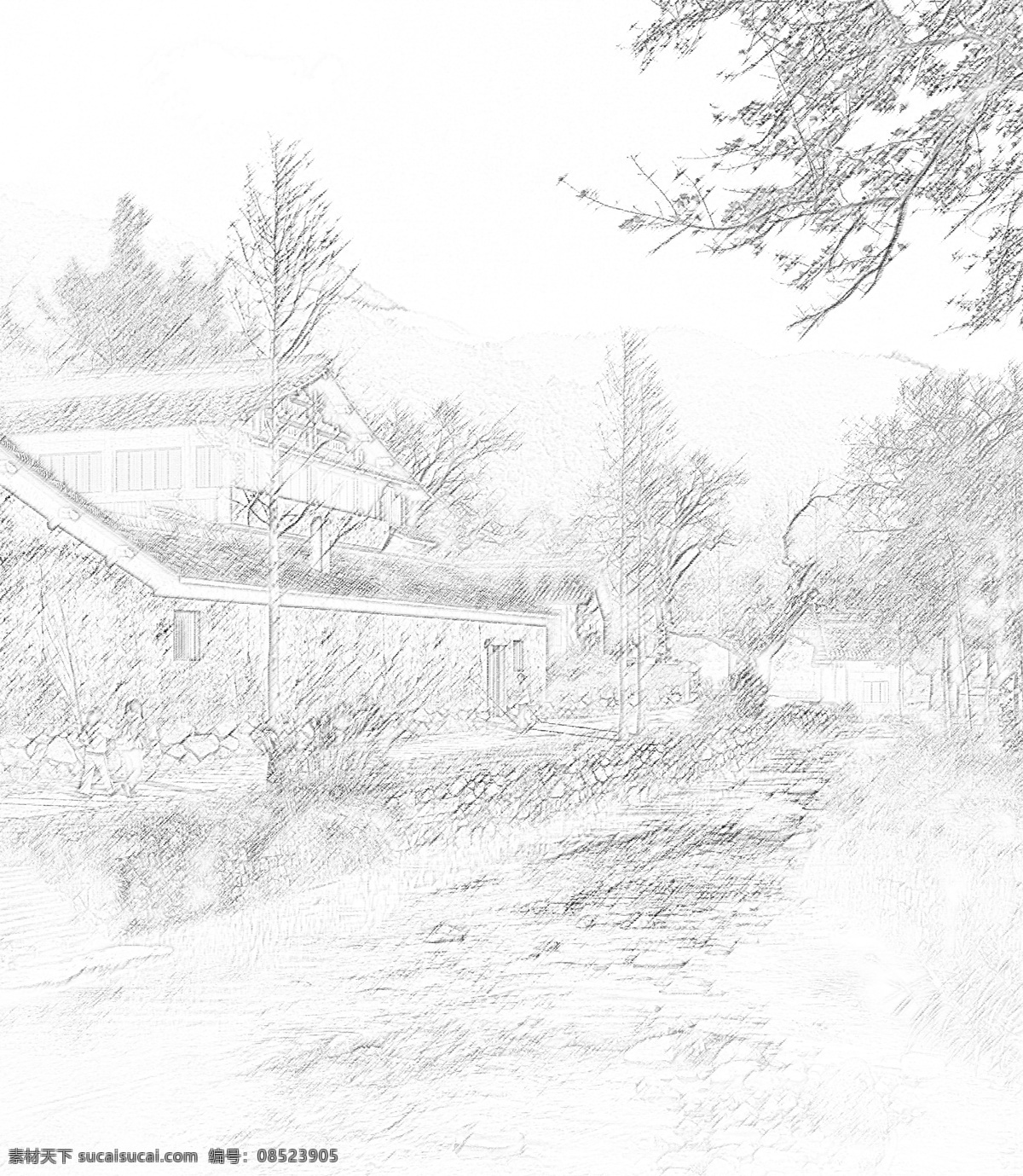 素描 线条 村庄 素描效果 素描线条 分层