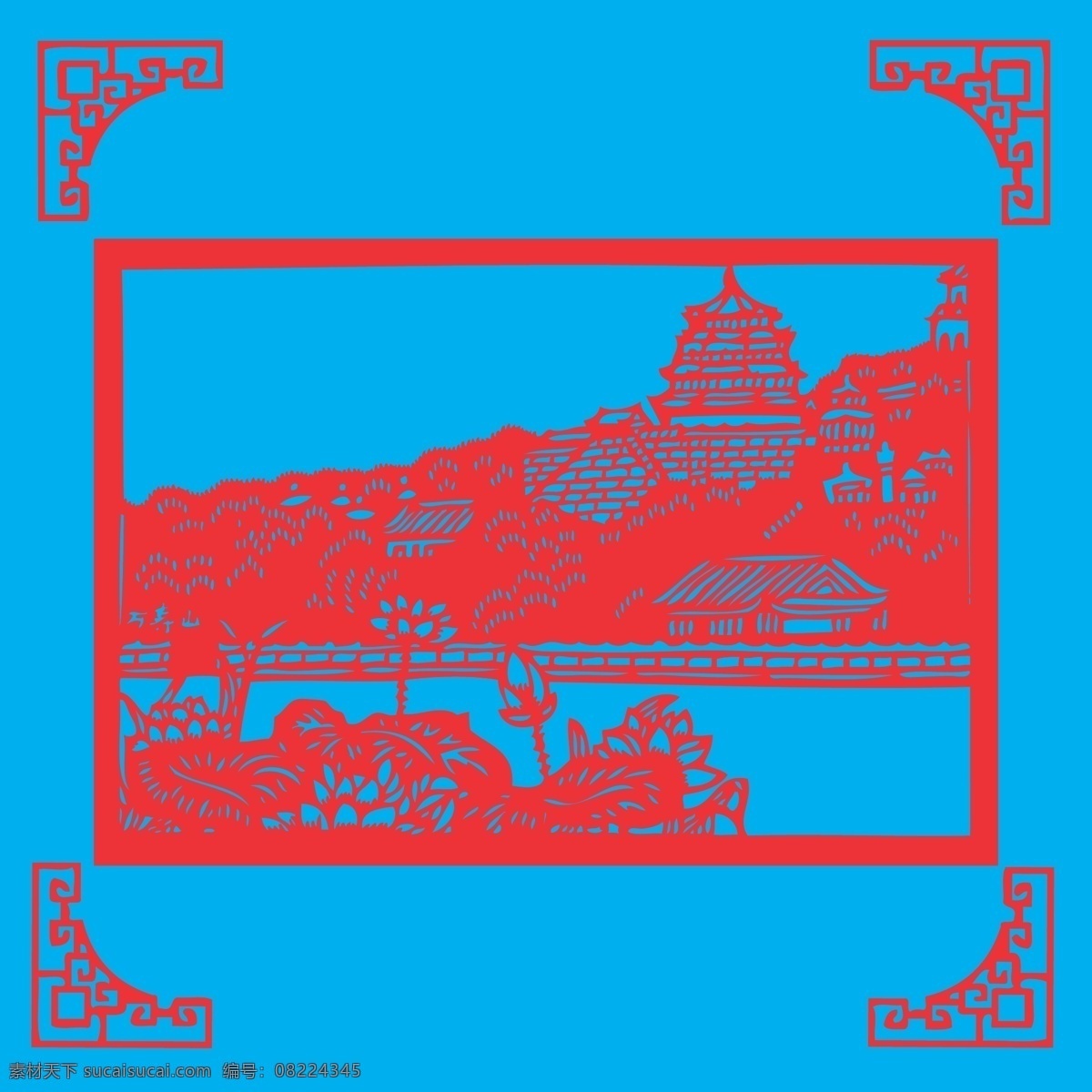 风景剪纸 风景 剪纸 线条 矢量 装饰 传统 民俗 窗花 插画 建筑 树木 亭子 植物 花卉 观赏 文化艺术 传统文化