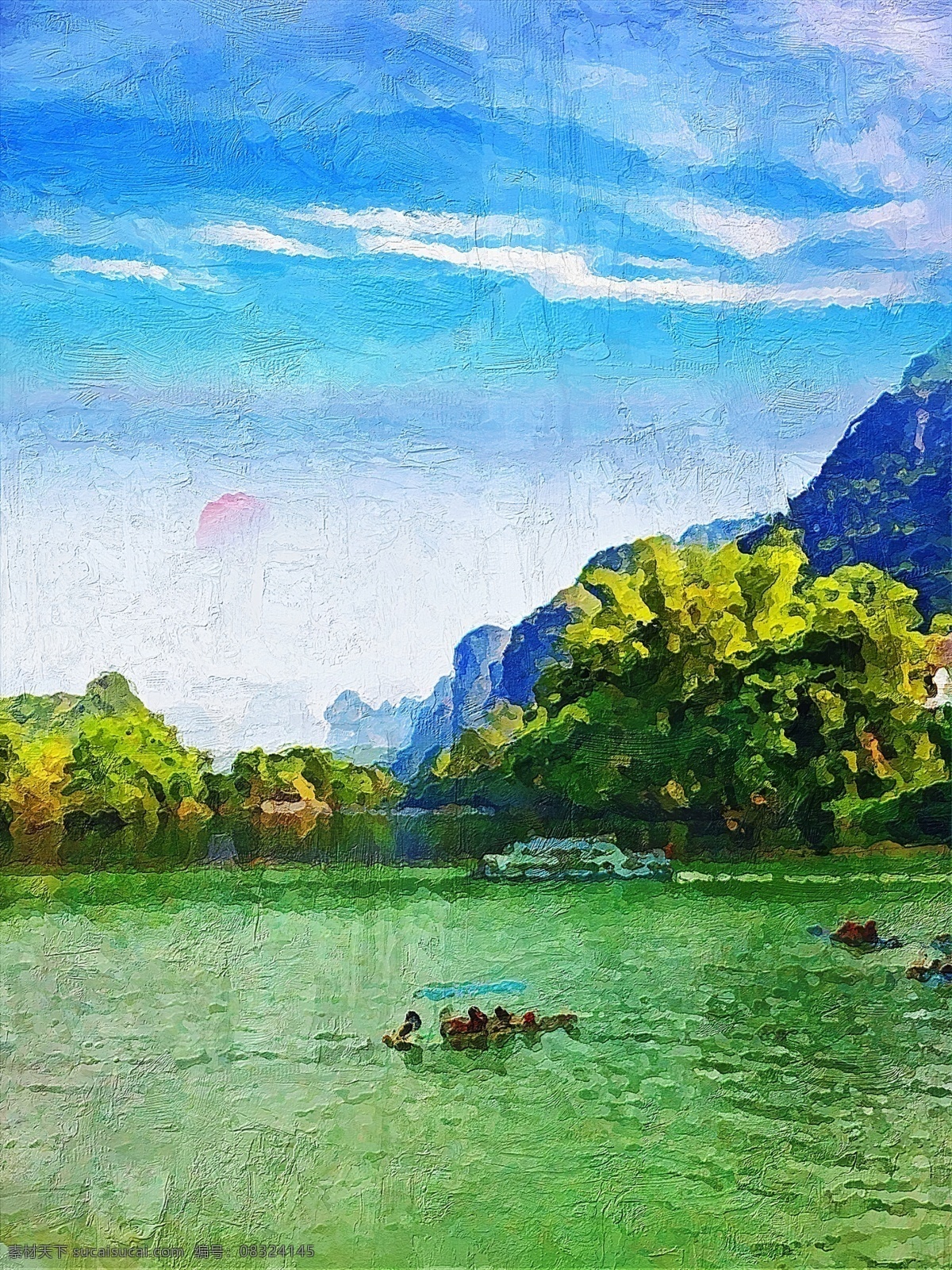 现代 桂林 山水 油画 风景 客厅 酒店 饭店 装饰画 客厅画 红色 相框画 机理 酒店挂画 无框画 小船 绿色 青山绿水
