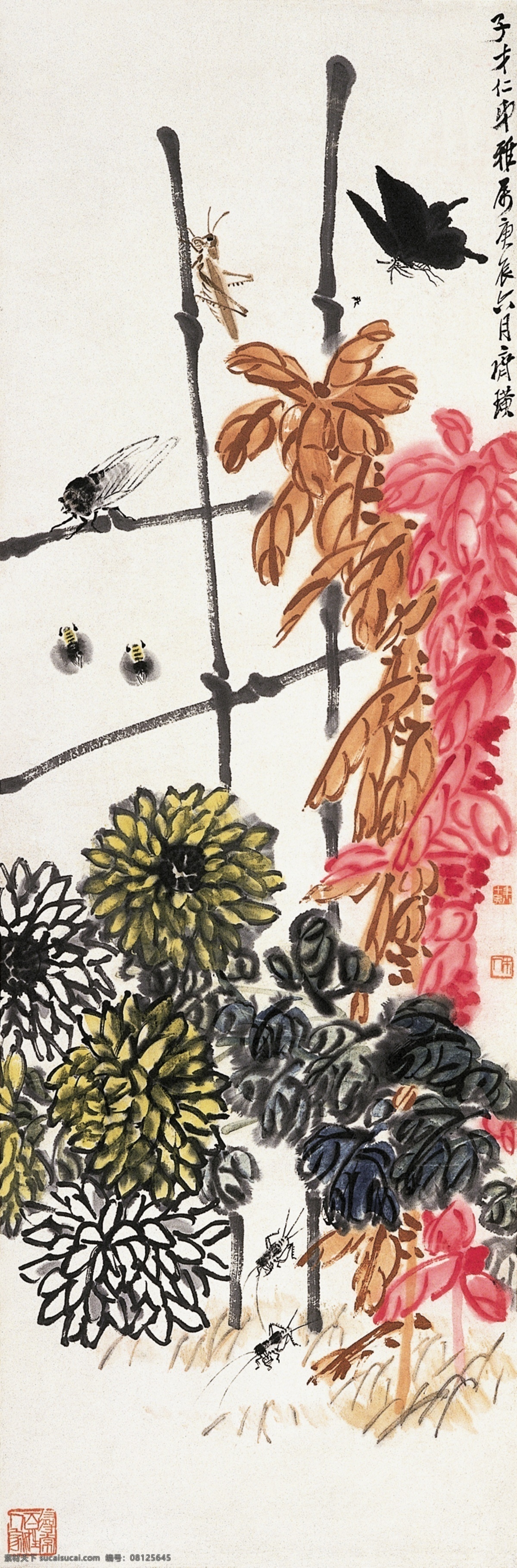 工笔画 国画 蝴蝶 花蕊 花香 蝗虫 绘画书法 菊花 齐白石国画 蜜蜂 蚂蚱 昆虫 树枝 齐璜 水墨画 白石老人 写意 书画 文化艺术 印章 家居装饰素材 雕刻 图案