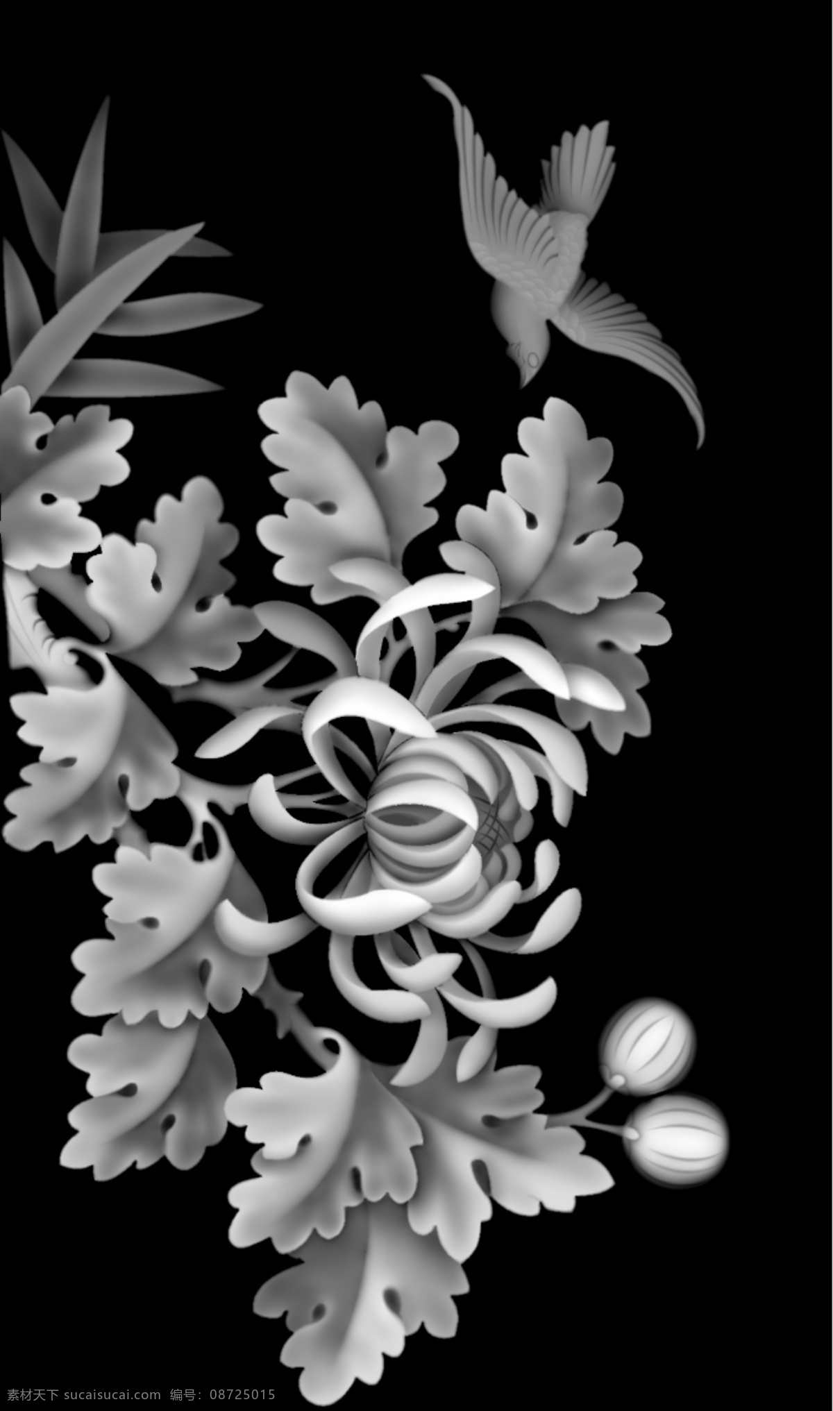 鸟菊图 鸟 菊 浮雕 雕刻 灰度图 灰度鸟图 菊花 传统文化 文化艺术 bmp