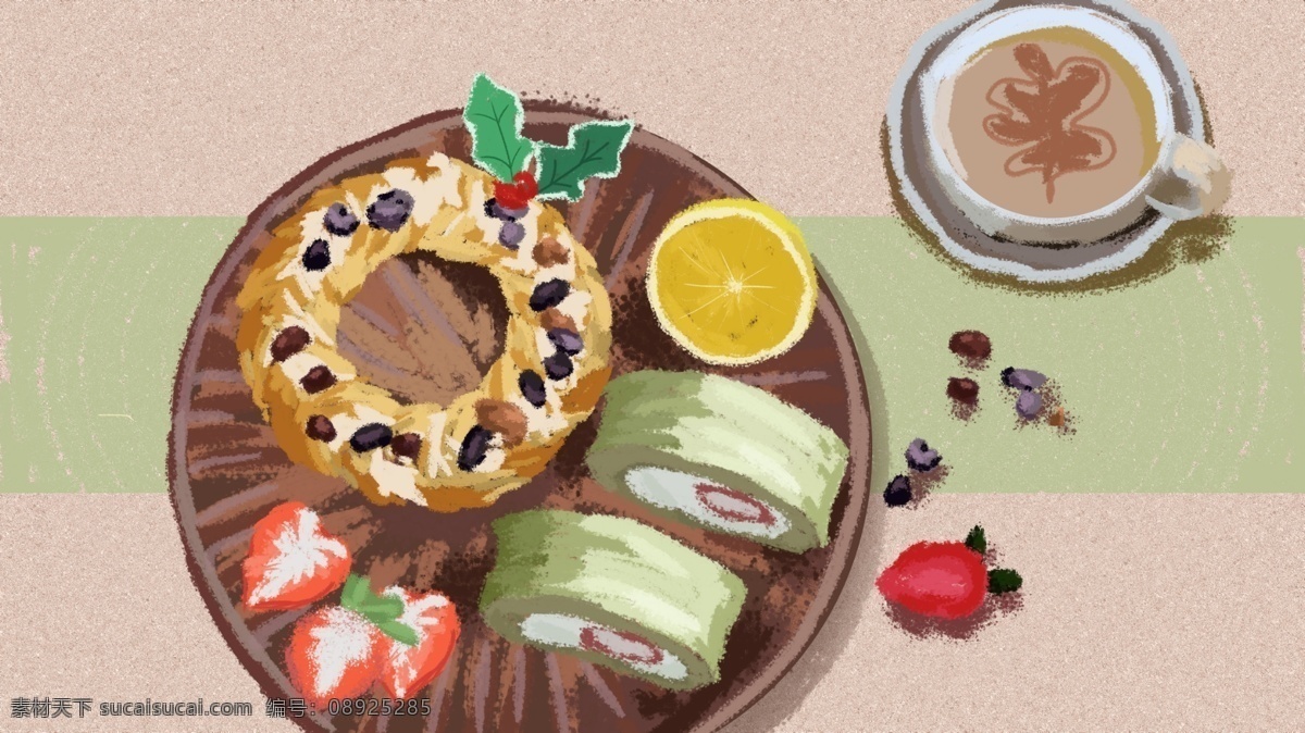 美食 甜甜 圈 糕点 咖啡 草莓 小 清新 唯美 插画 小清新 蛋糕 甜甜圈