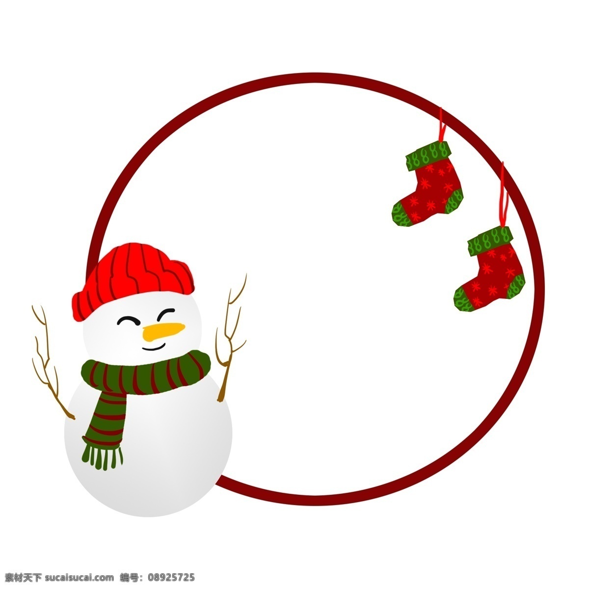 手绘 圣诞节 圆形 雪人 边框 插画 创意 欢庆圣诞节 红色的袜子 愉快的圣诞节 可以 收礼 物 节日