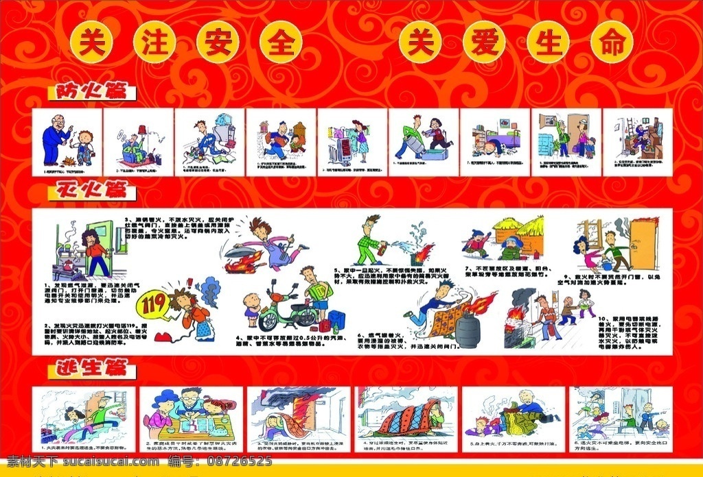 防火漫画 关注安全 关爱生命 防火 漫画 防火知识 灭火知识 逃生知识 展板模板 矢量