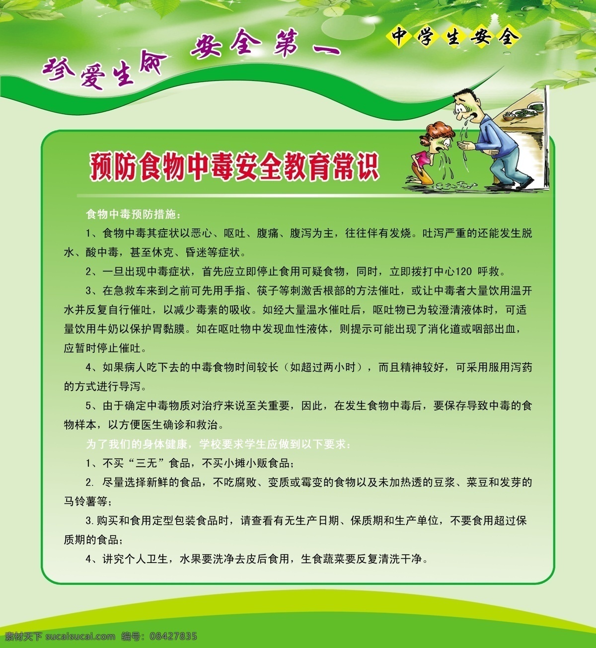 预防食物中毒 食物中毒 安全教育知识 珍爱生命 安全第一 学校展板 绿色展板背景 分层