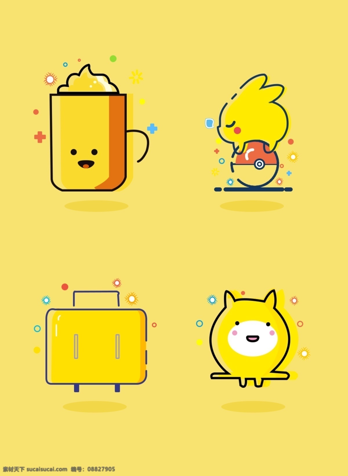 可爱 卡通 mbe 风格 简约 有趣 小 图标 黄色 杯子 咖啡 行李箱 风图标 皮卡丘
