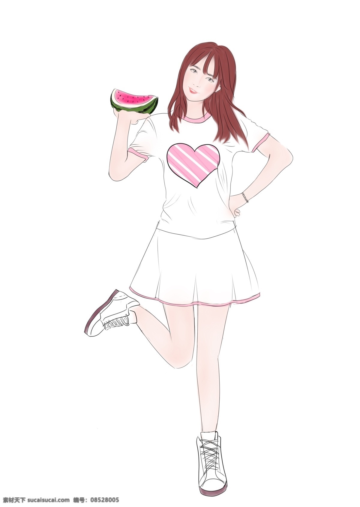 手绘 夏天 可爱 西瓜 少女 西瓜少女 啦啦队少女 夏天的西瓜
