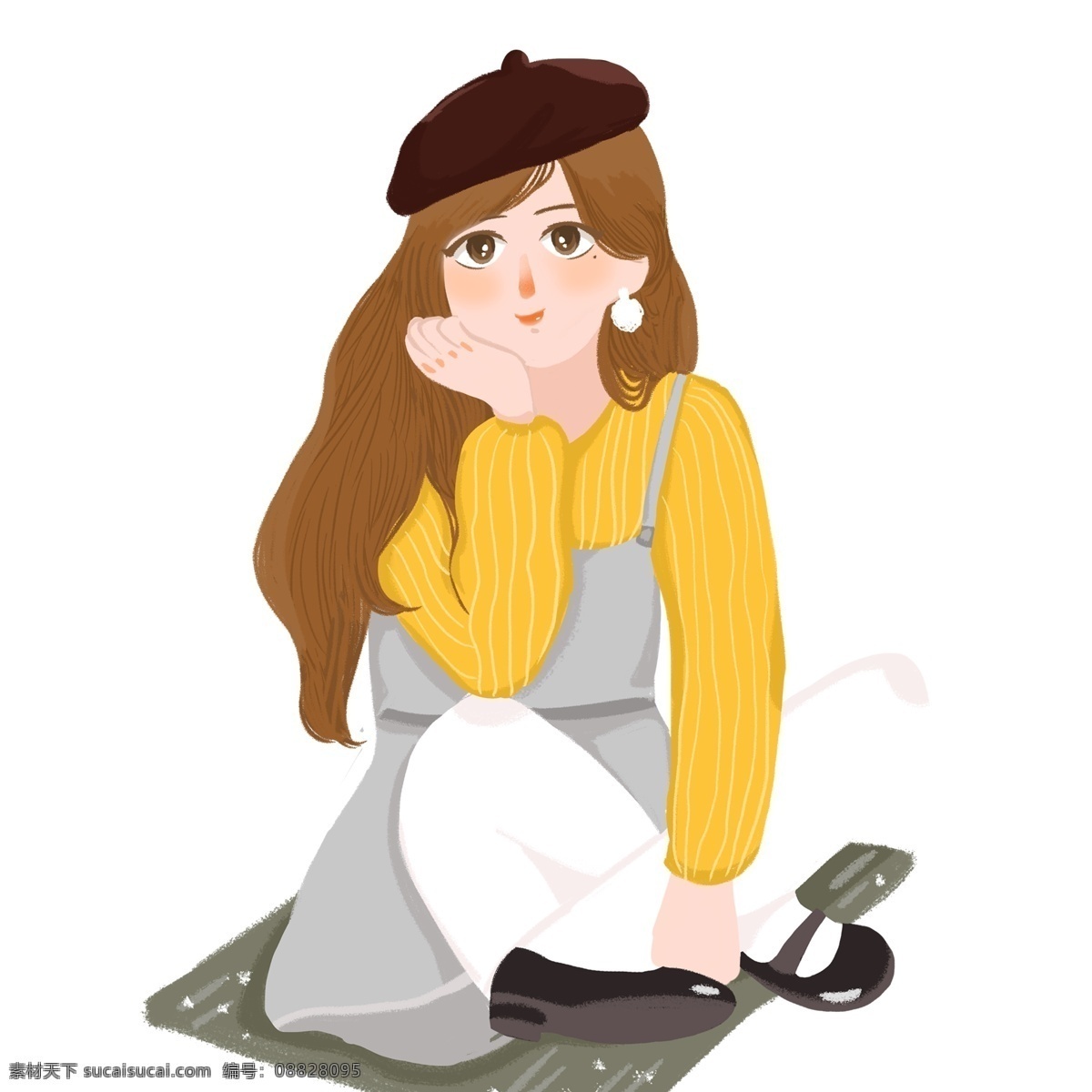 托 腮 思考 文艺 女生 手绘 卡通 小清新 女孩 可爱 贝雷帽 背带裙