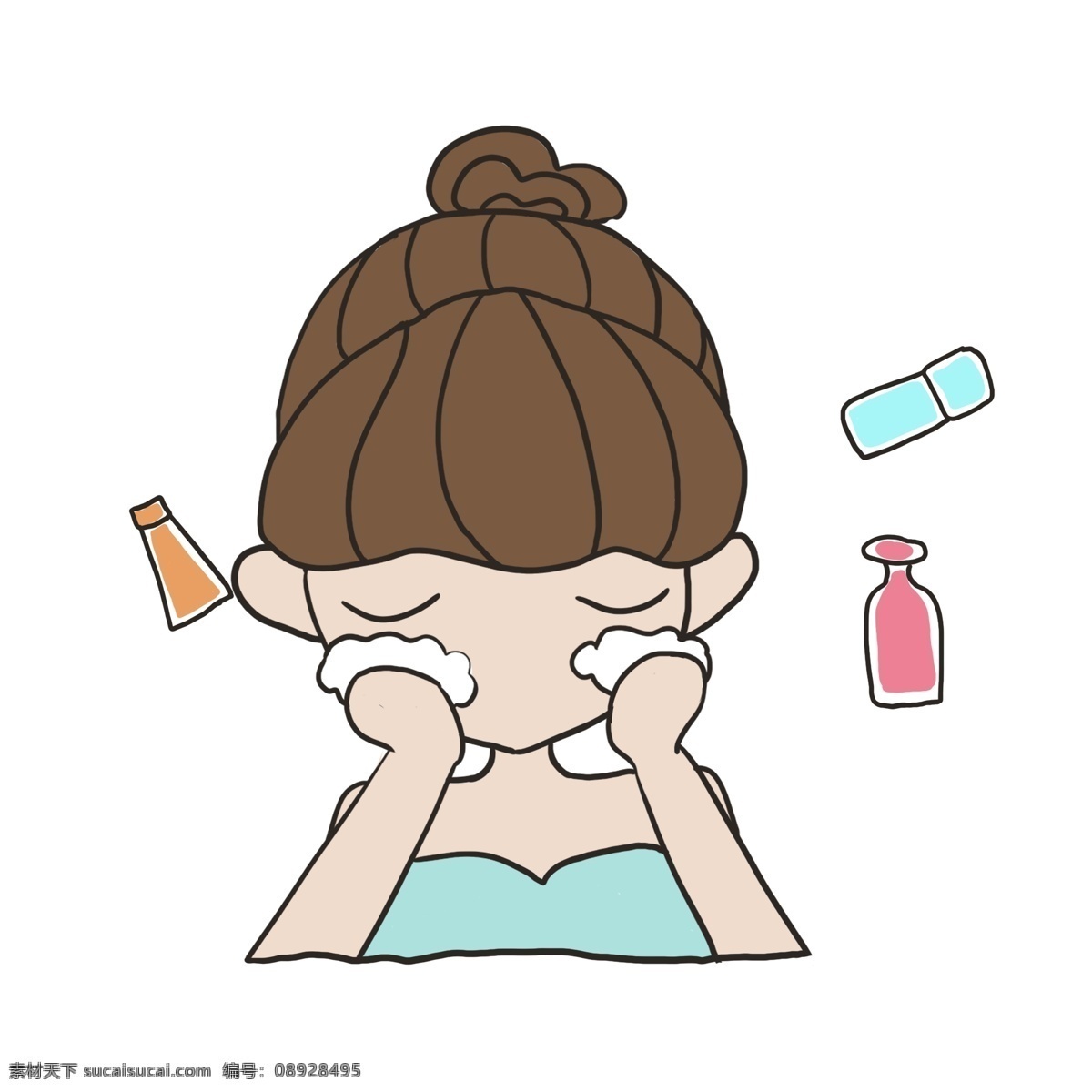 卡通 卸妆 女孩 插画 卸妆的女孩 卡通化妆品 护肤品 洁面乳 洗面奶 护肤女孩 保养皮肤 美容女孩插画