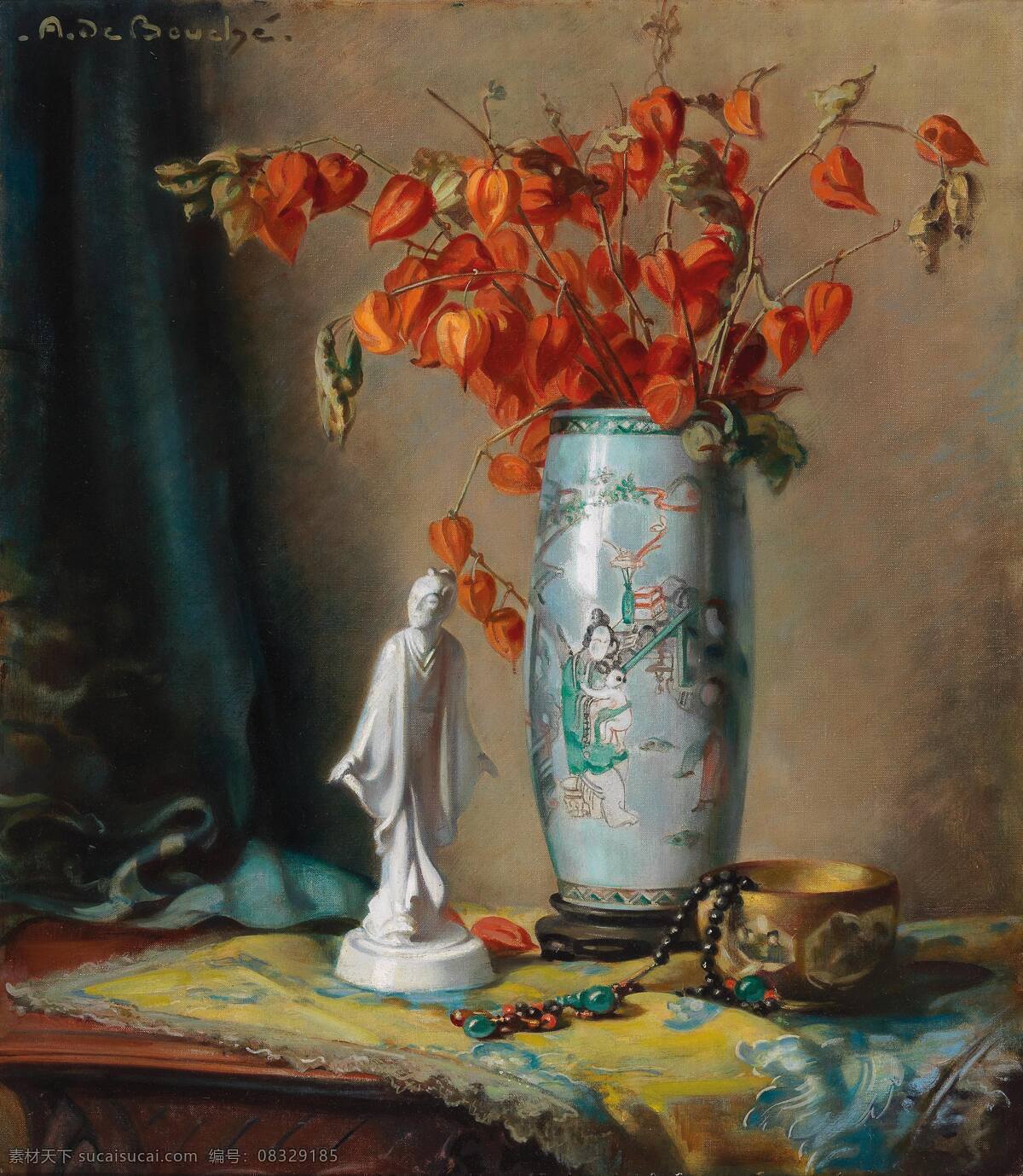 红灯笼 中式花瓶 中式人物雕像 桌布 佛珠 19世纪油画 油画 文化艺术 绘画书法