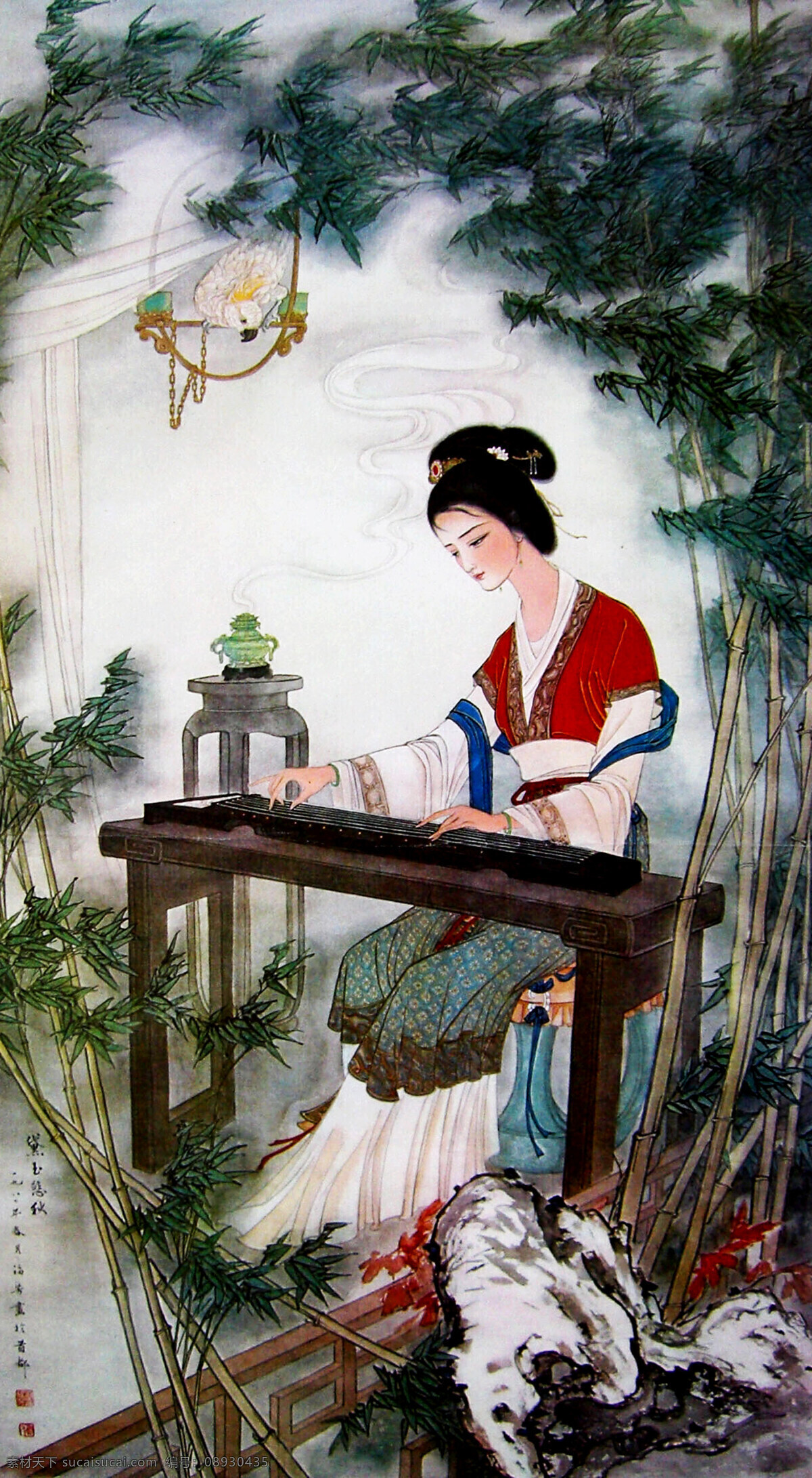 黛玉悲秋 美术 绘画 国画 工笔人物画 红楼梦人物 女人 丽人 林黛玉 青春 美丽 天生丽质 古代服装 发型 动作 表情 姿势 潇湘馆 竹林 弹琴 鹦鹉 秋天 书法 印章 工笔画 仕女 集锦 绘画书法 文化艺术