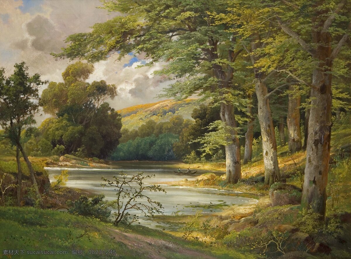 森林景观 绘画 景观 森林 湖泊 船 油画 绘画书法 文化艺术