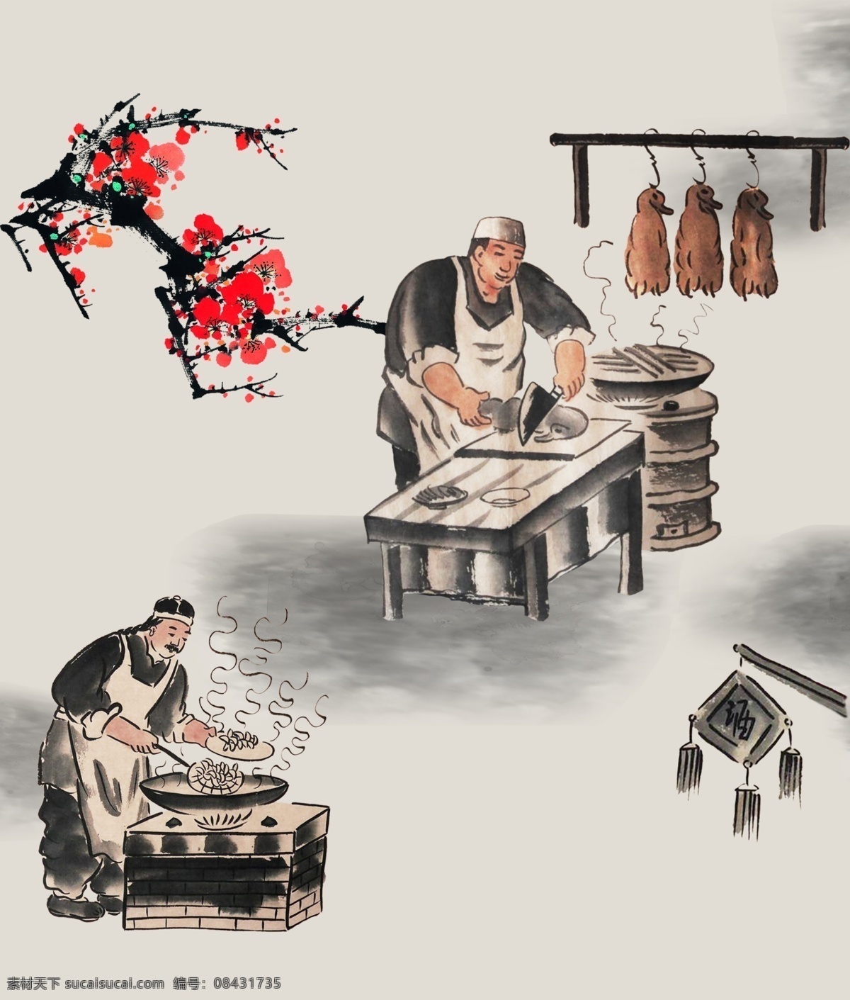 饭店 人物 插画 手工水饺 中式 餐厅 复古 做饭 劳作 梅花 人物图 小面 手绘 展板模板