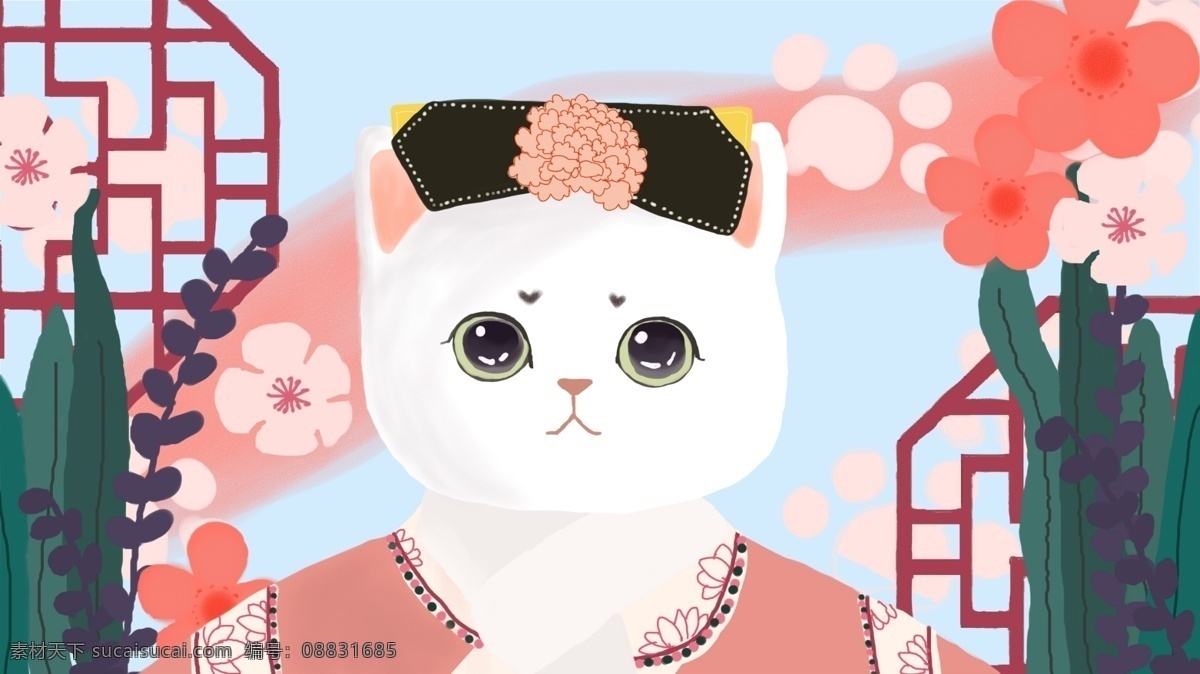萌 宠 宠物 可爱 穿 满族 服饰 猫咪 动物 萌宠
