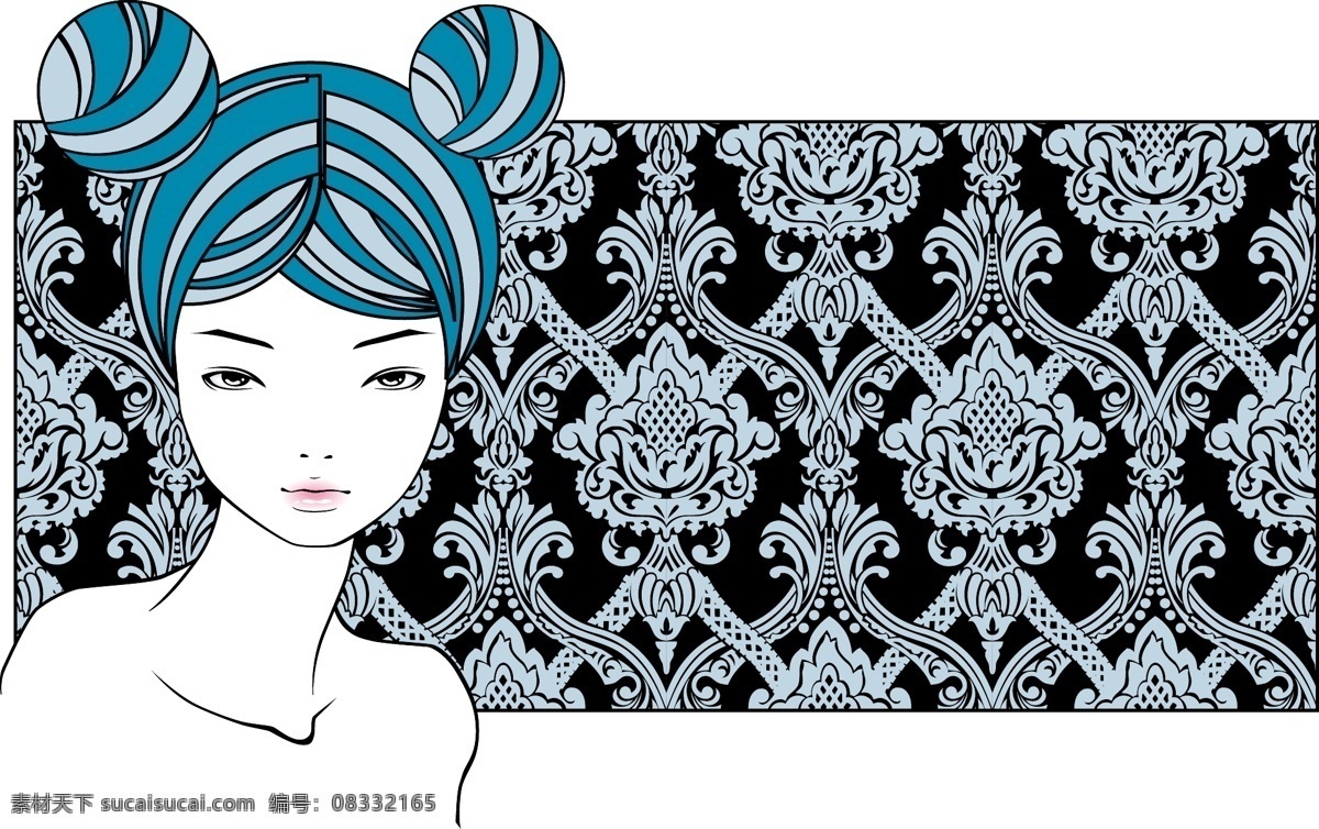 手绘美女 美女插画 卡通美女 底纹背景 底纹边框 矢量素材 白色
