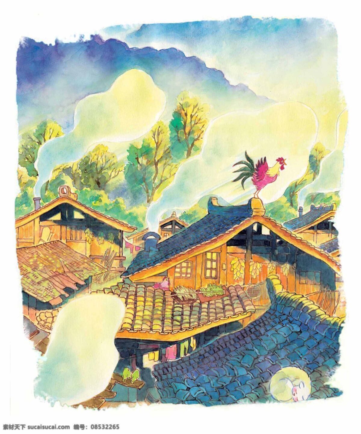 手绘 风景 屋顶 水彩画 远山 少儿漫画素材 手绘风景屋顶 文化艺术