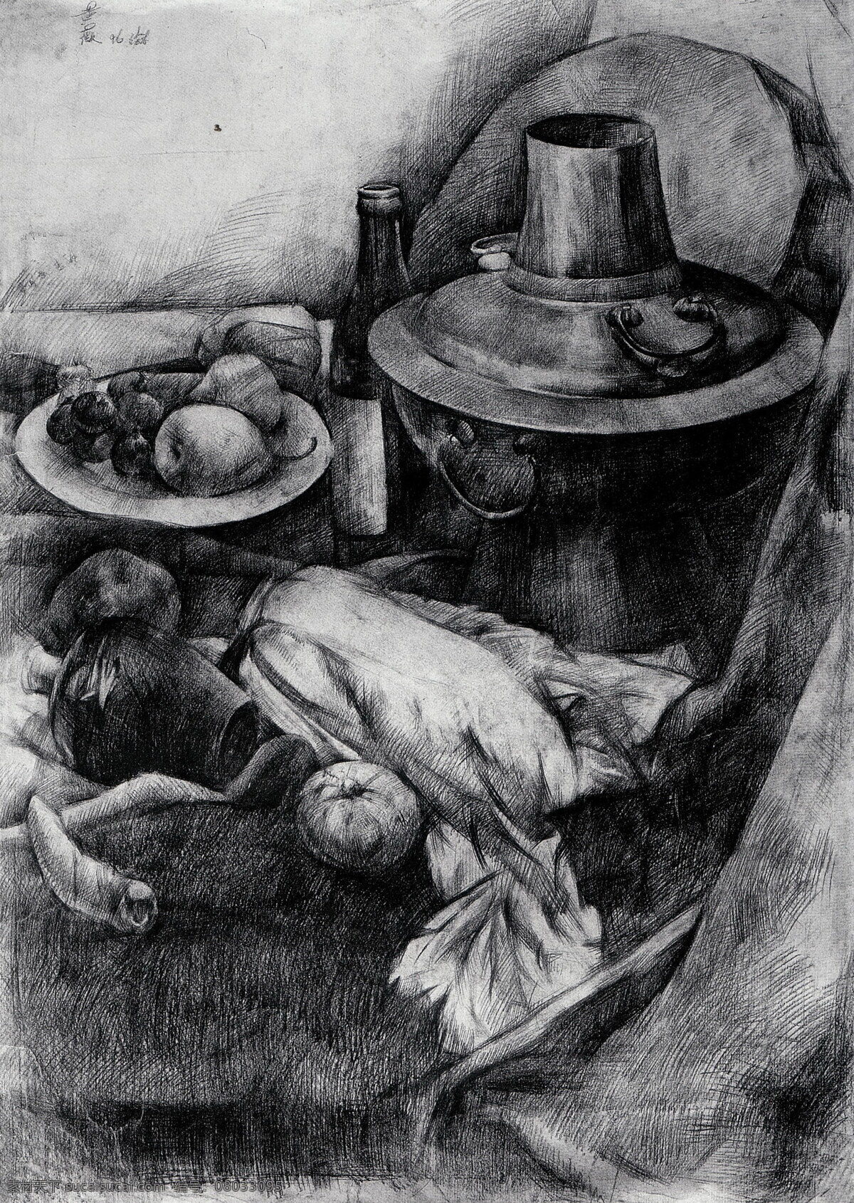 白菜 黑白画 绘画书法 火锅 静物素描 梨 盘子 瓶子 实验素描 素描 线描 线条 中国美术学院 师生作品 高考素描 大学素描 桌子 桌布 水果 蔬菜 文化艺术 psd源文件 餐饮素材