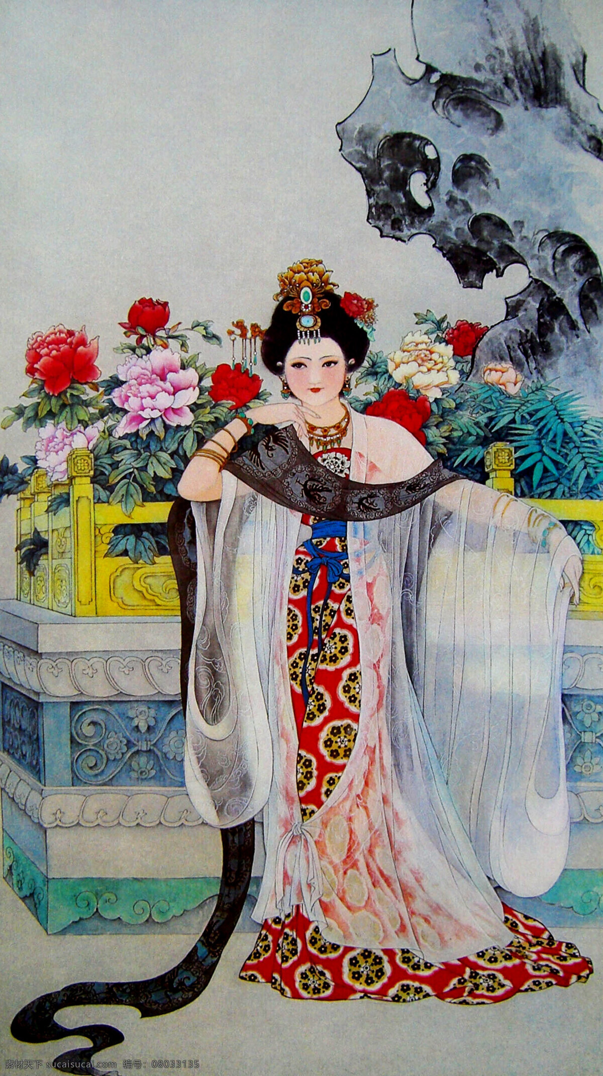表情 彩墨画 发型 服饰 工笔画 古代人物 国画艺术 花园 玉环 赏花 图 设计素材 模板下载 玉环赏花图 美术 绘画 中国画 人物画 女人 仕女 美人 杨贵妃 姿势 牡丹花 石头 书法 印章 国画集34 绘画书法 文化艺术 装饰素材 雕刻 图案