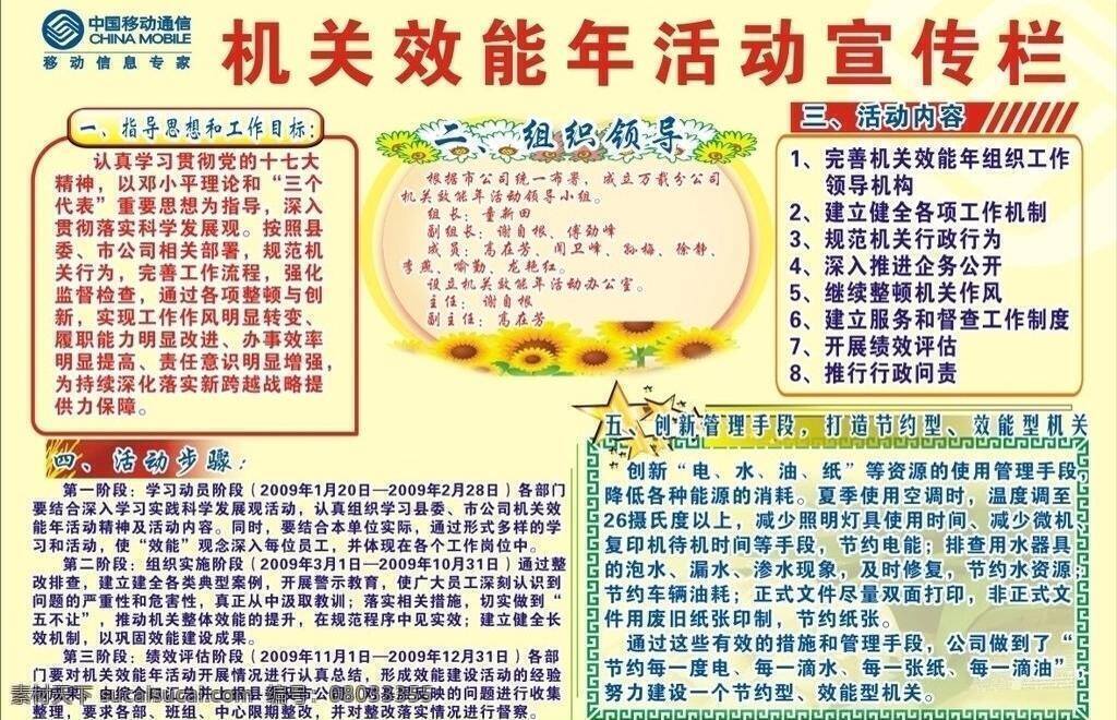活动内容 万载 移动 公司 机关 效能 年 活动 宣传栏 指导思想 工作 目标 组织领导 活动步骤 创新 管理 手段 技术先进 节约型 交通型机关 矢量 展板 公益展板设计