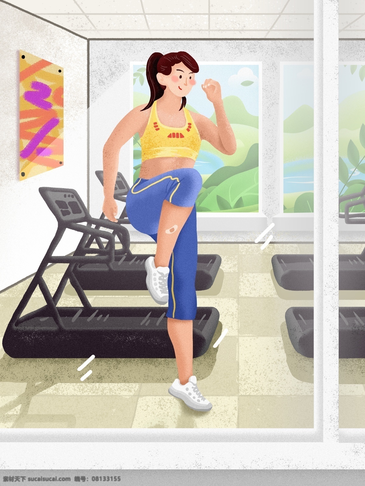 燃烧 卡路里 健身室 内 运动 治愈 系 手绘 质感 插画 脂肪 健身 健身房 塑形 健康 阳光 室内 有氧运动 积极 燥点 写实 女生 窗户 清新 生活
