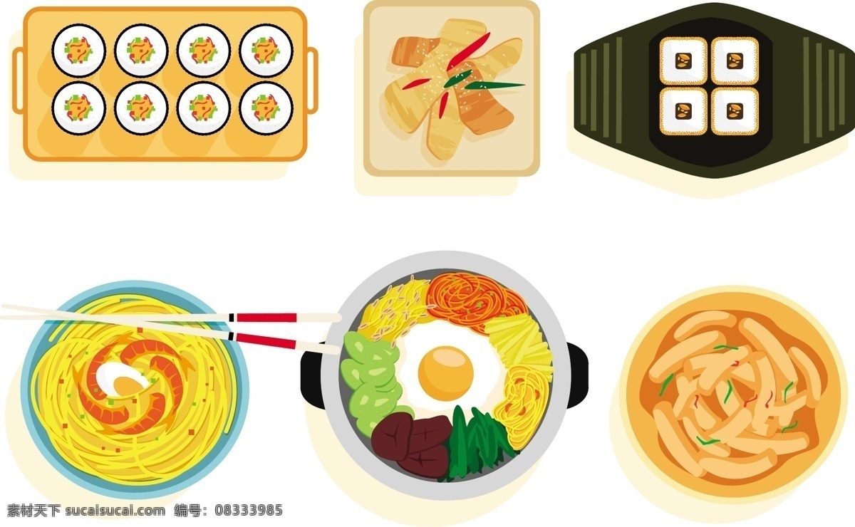 韩国 美食 矢量 寿司 面包 面条 煎蛋 大杂烩 海鲜 韩国美食