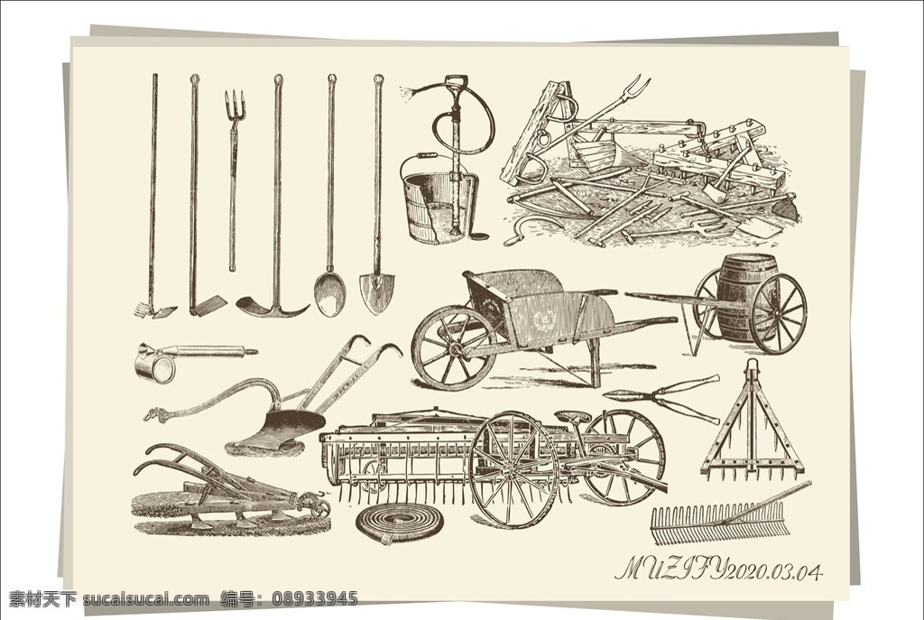 款 入 欧洲 中世纪 农具 手绘 稿 锄头 犁 钉耙 三角车 播种器 三叉戟 手绘稿 素描画 文化艺术 绘画书法