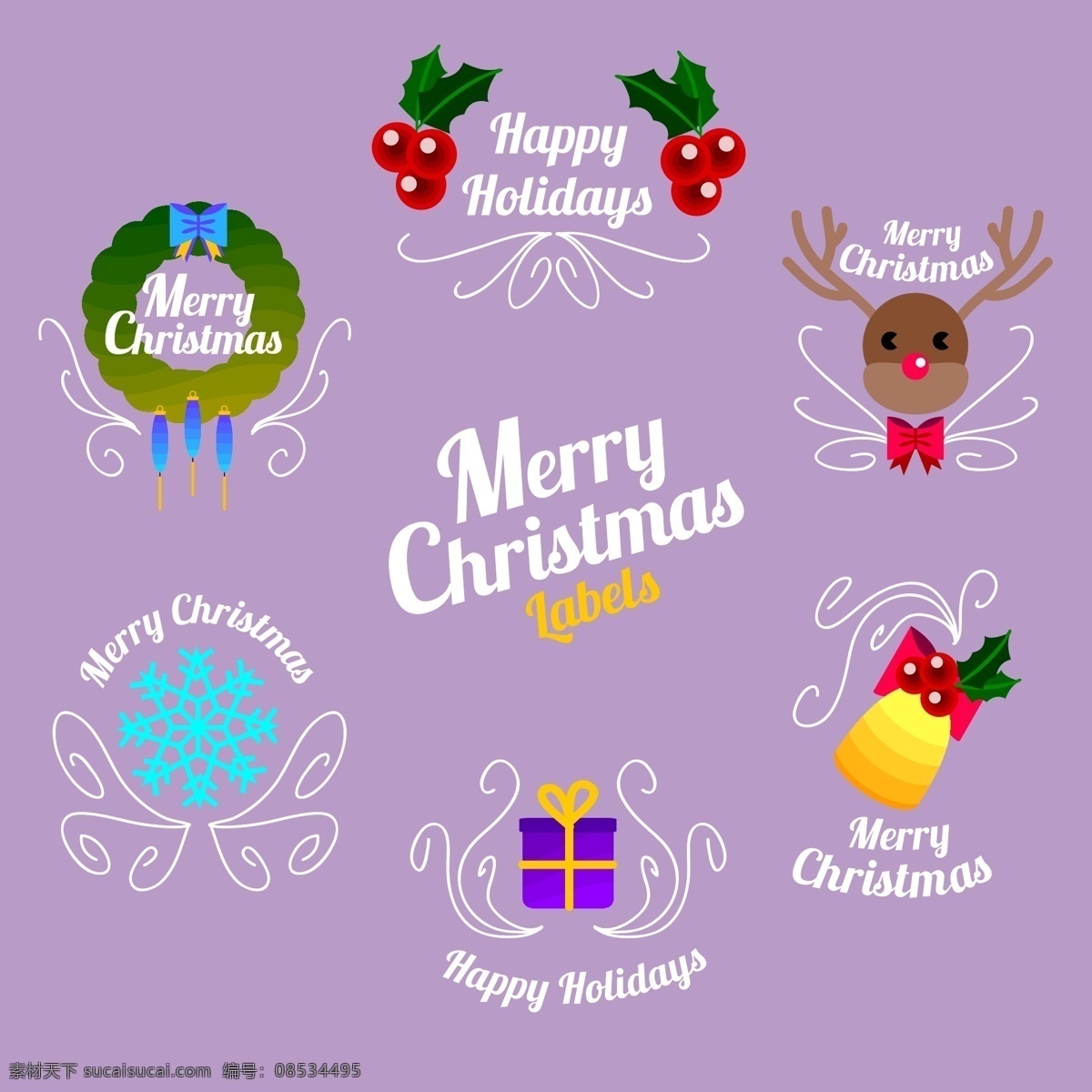 卡通 圣诞节 英文 标签 礼物 雪花 矢量素材 驯鹿 铃铛 花环