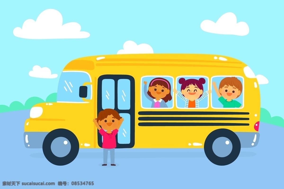 学校手绘 可爱校车 手绘校车 可爱儿童 绿色黄色卡通 school 学校素材 手绘儿童