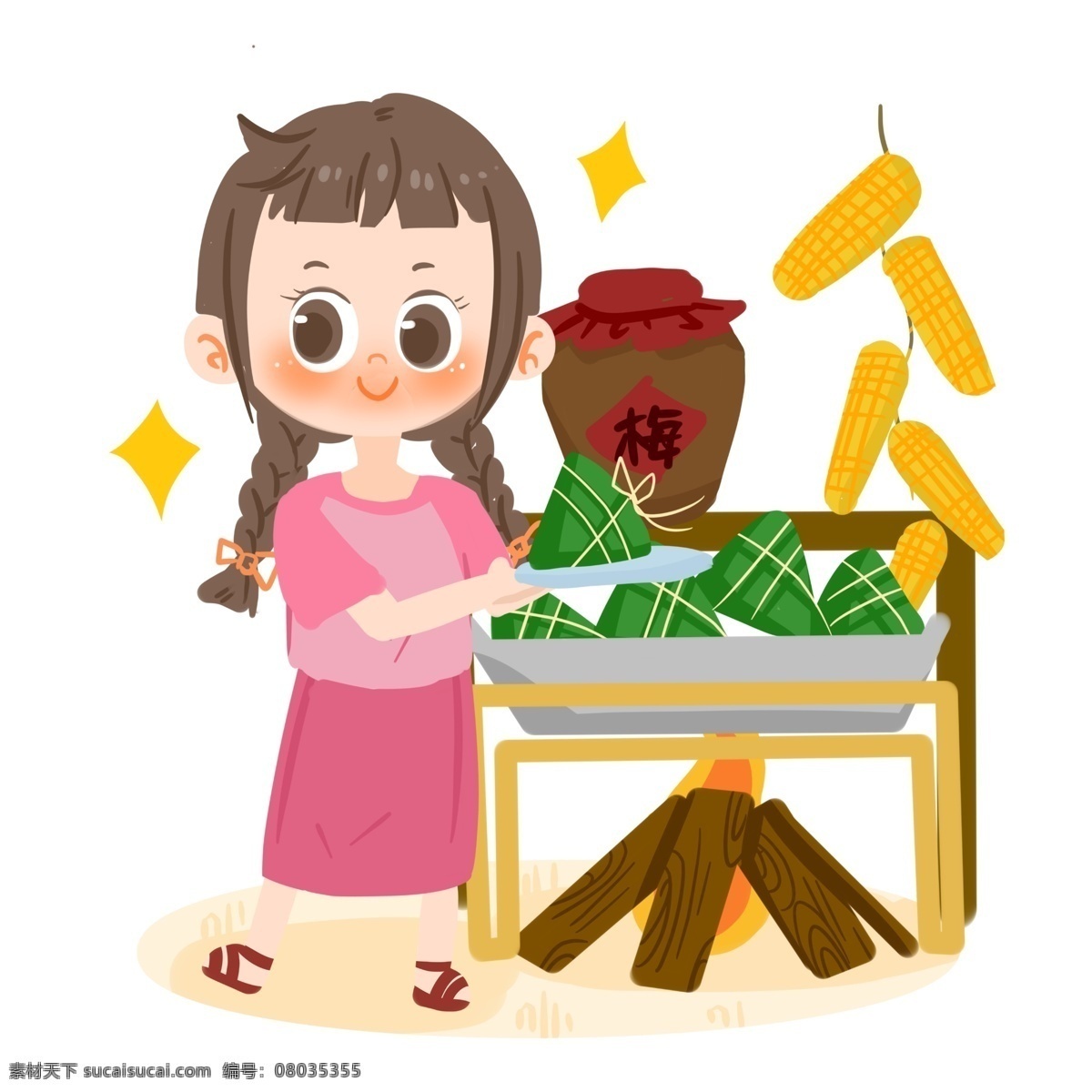 端午节 卡通 女孩 吃 粽子 星星 梅子酒 竹子 开心 端午习俗