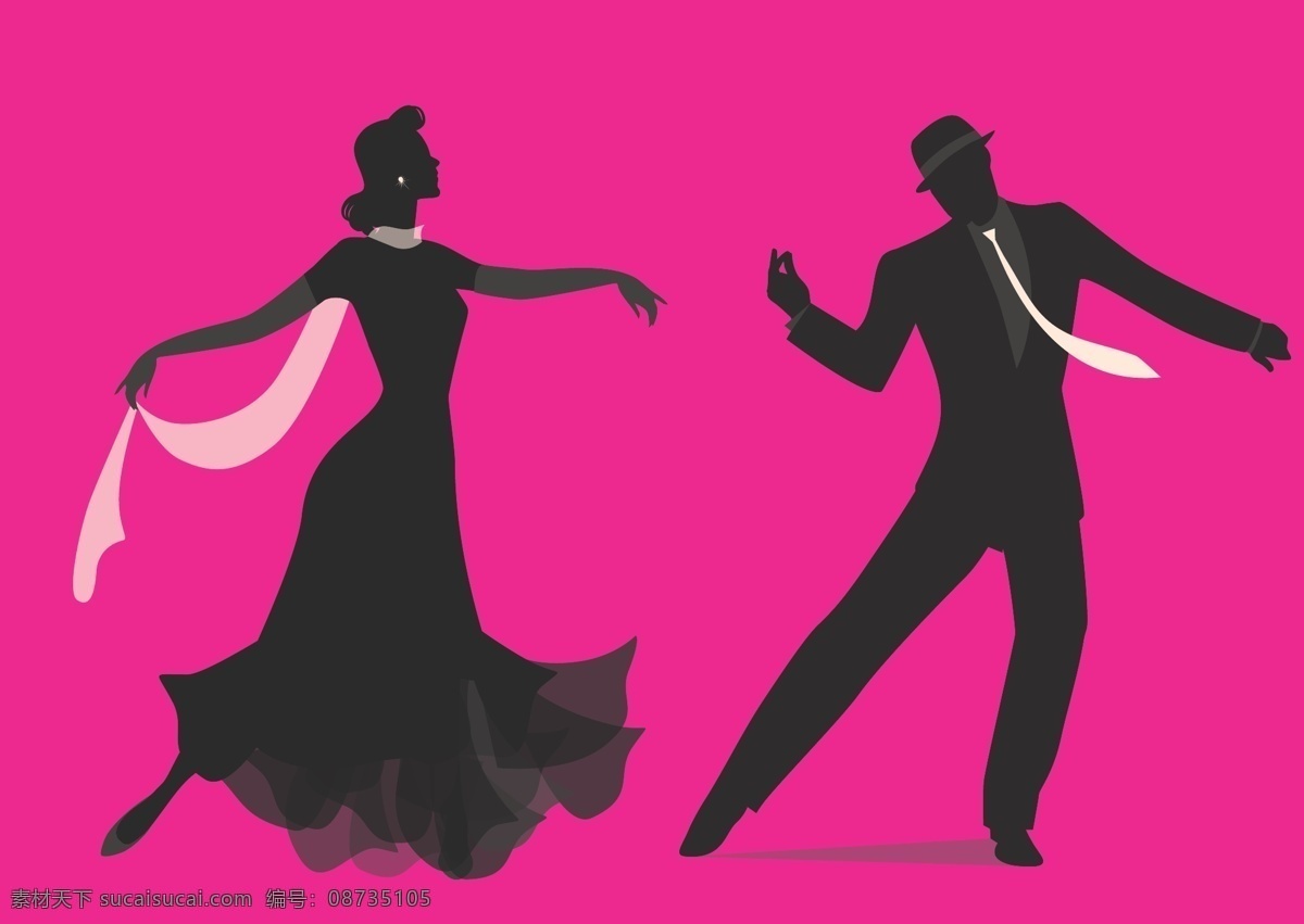 跳舞的人 跳舞人物剪影 人物剪影 黑色长裙 白色裙子 跳舞 优雅 女性 西装 领带 男士 动漫动画