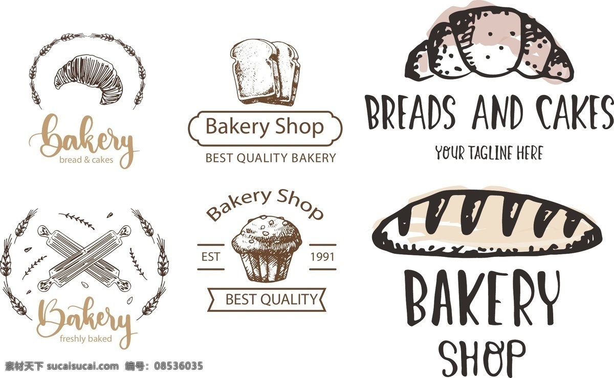 手绘 复古 面包店 标签 素描 蛋糕 咖啡店 甜点 复古标志 矢量