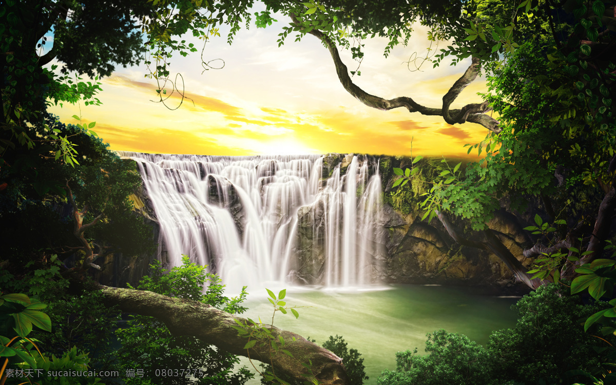 梦幻森林背景 夕阳 天空 奇幻 奇特 梦幻森林 瀑布 背景 藤曼 动漫动画 风景漫画