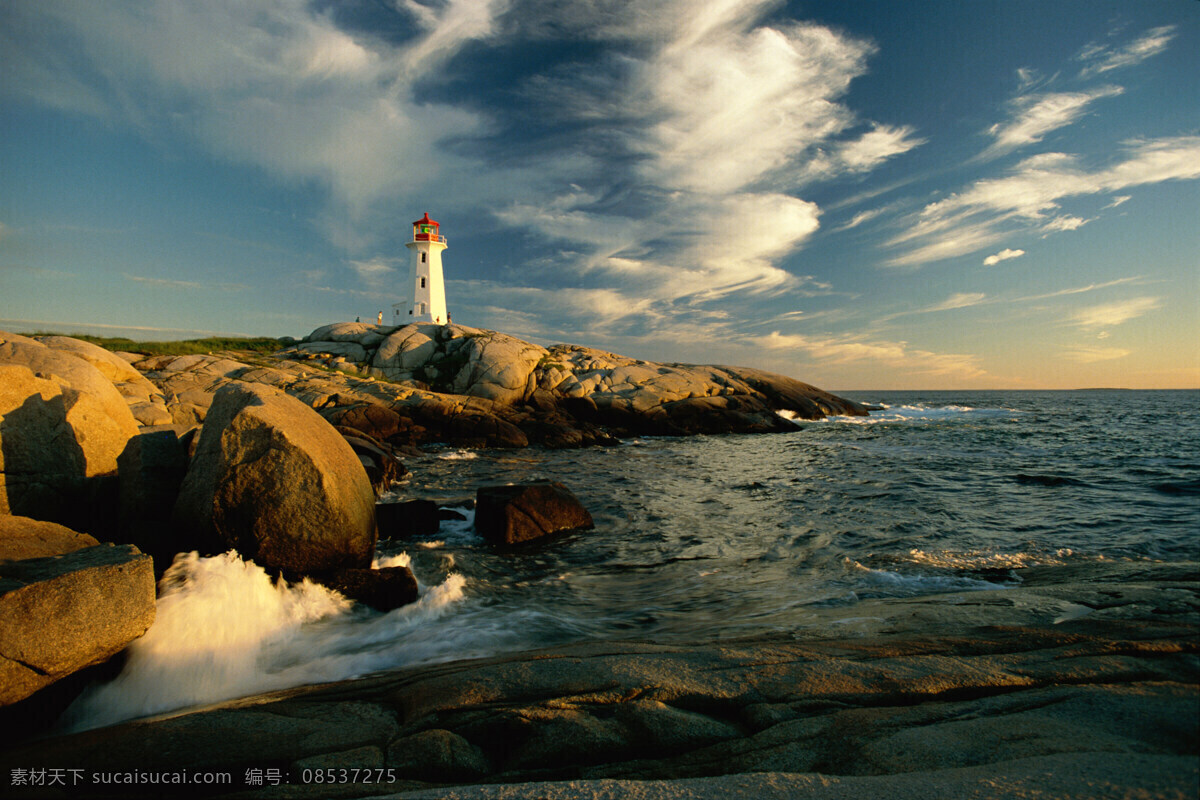 加拿大 爱德华岛 灯 灯塔 海岸 岩石 礁石 大海 白浪 斜阳 蓝天 飘云 景观 自然景色摄影 自然景观 自然风景