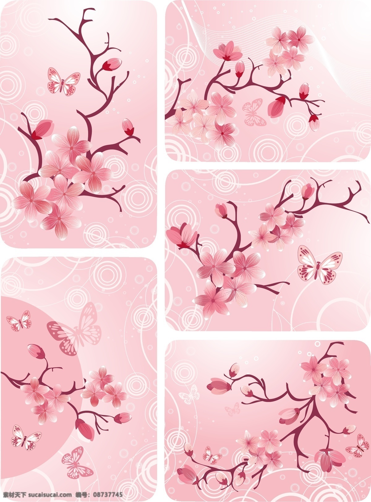 粉色 桃花 矢量 花卉 花枝 花朵 鲜花 花纹 底纹 蝴蝶 春季 春天 插画 背景 海报 画册 矢量植物 生物世界 花草 白色