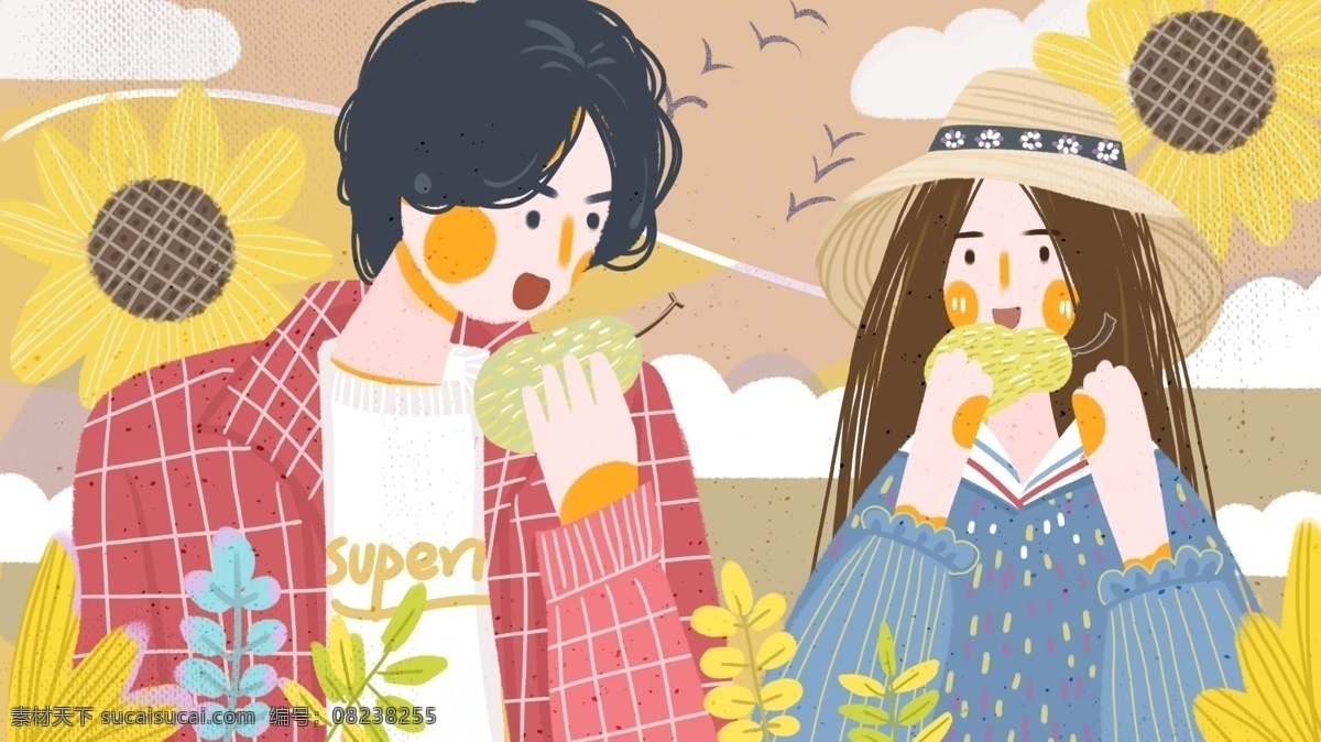 扁平 风 秋天 你好 男孩 女孩 吃 梨 插画 扁平风 吃梨 秋天你好