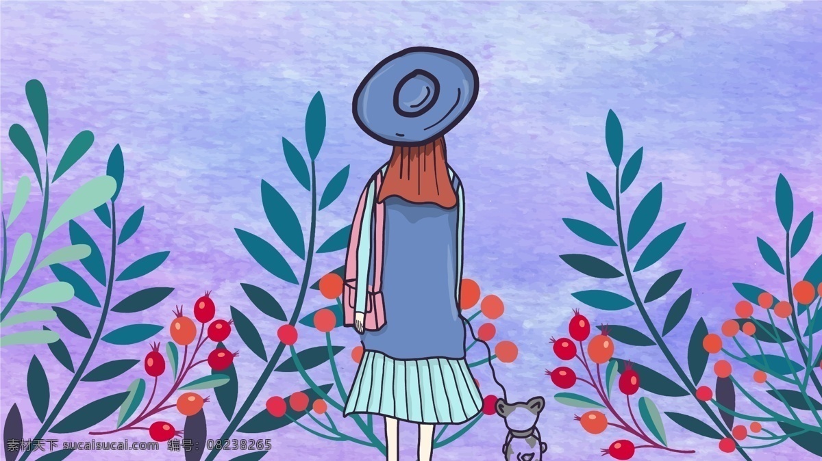热带 可爱 卡通 清新 女孩 插画 紫色 花朵 森系 植物 宠物 简笔画 渐变 插图 背景 海报 配图 矢量 手绘 水彩 浪漫 神秘 手机壁纸 文章配图 微博配图 朋友圈壁纸 裙子 帽子 绿植