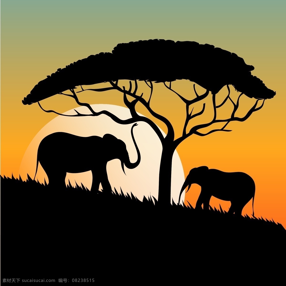 夕阳 下 大象 树木 剪影 剪影素材 草原 矢量素材