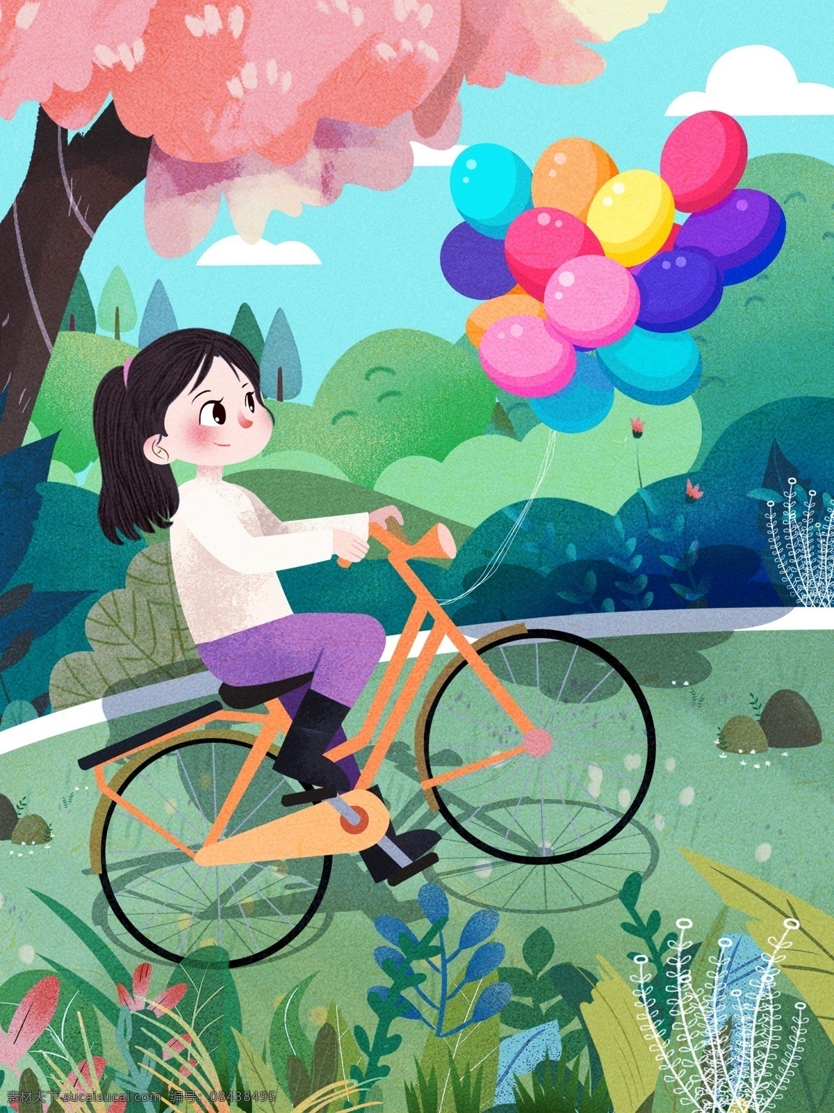 原创 环保 绿色 出行 人物 卡通 插画 低碳出行 自行车 骑自行车 卡通人物 少女 卡通插画