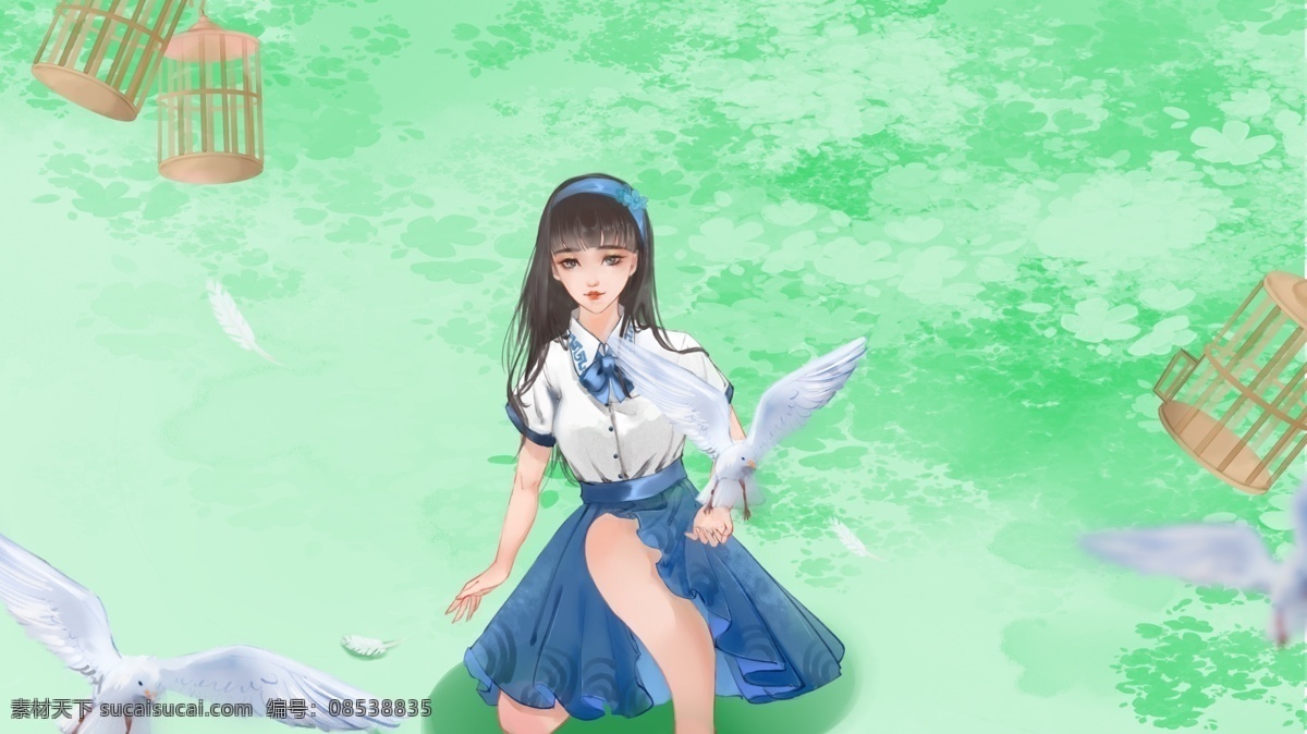 女孩 放飞 和平鸽 愿 世界 和平 插画 动物 世界和平