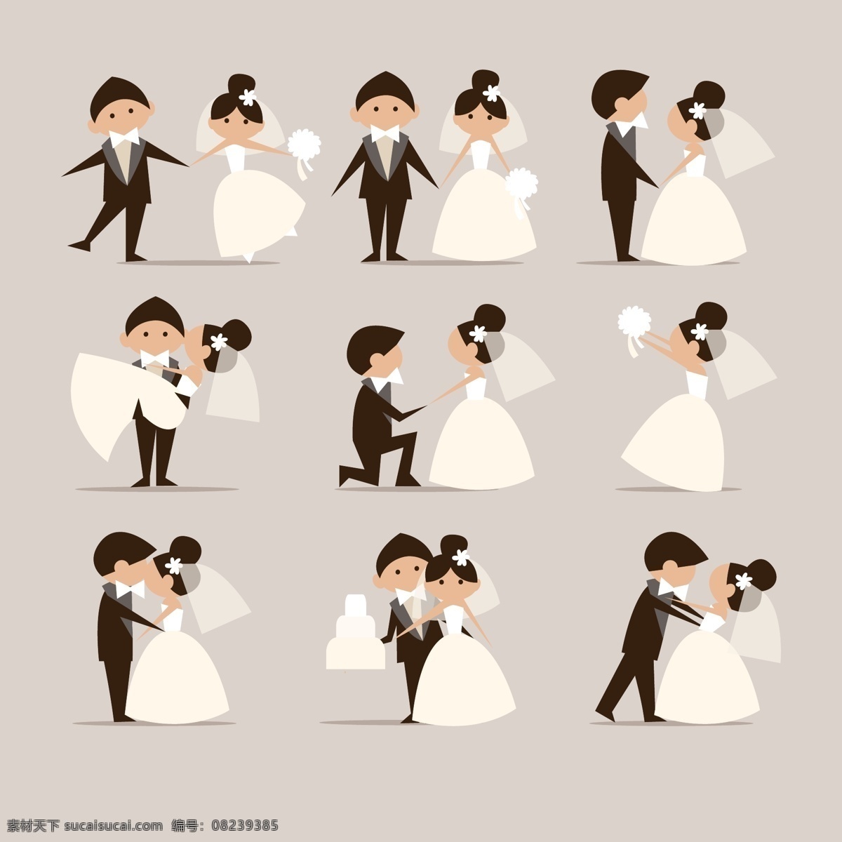 婚礼矢量 婚礼 卡通任务 夫妻 卡通新郎 卡通新娘 卡通婚纱 卡通礼服 文化艺术 节日庆祝