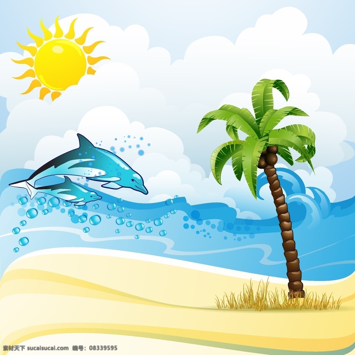 夏日旅游素材 旅游 水花矢量 太阳 海滩 海浪 海豚 椰树 度假 矢量 背景 底纹 底纹背景 底纹边框
