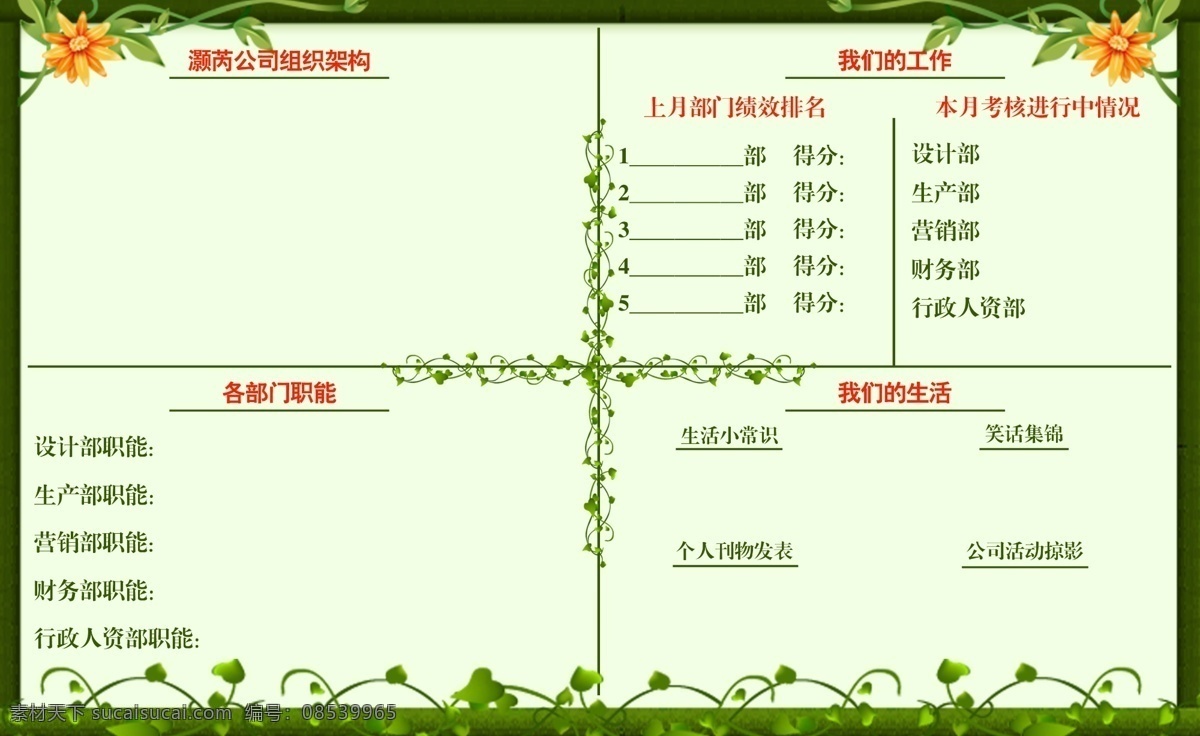 办公室展板 草藤 常春藤 广告设计模板 花纹 绿色 源文件库 展板模板 组织架构 部门职能 组织工作 考核表 绩效表 家居装饰素材 室内设计